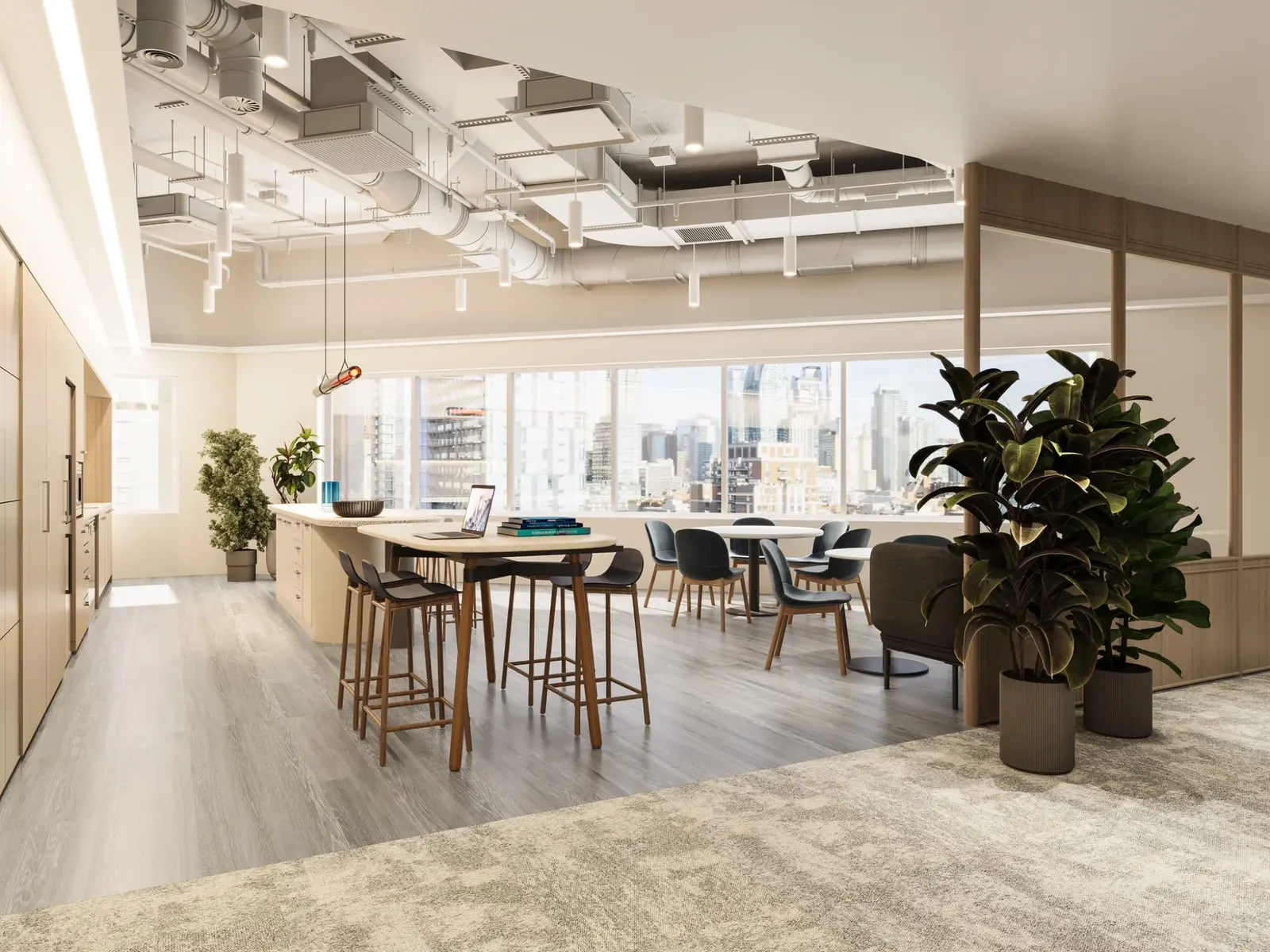 Photorealistic office breakout area 3D render at 80 Collins Street in Melbourne with city views, communal tables, kitchen facilities and indoor planting