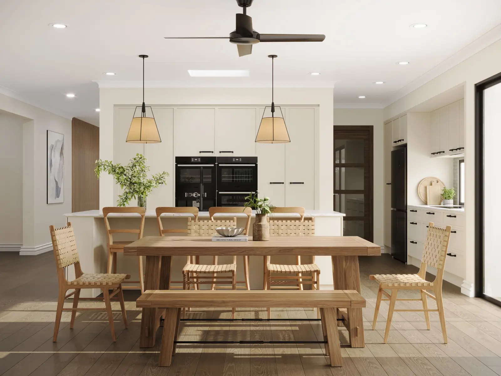 Kitchen and dining visualisation for the Kingbury home at Walloon Highlands, presenting family-scale spaces, detailed cabinetry, woven furniture and warm natural light. Photorealistic residential 3D render of the Kingbury kitchen and dining interior at Walloon Highlands with warm timber furniture and white cabinetry