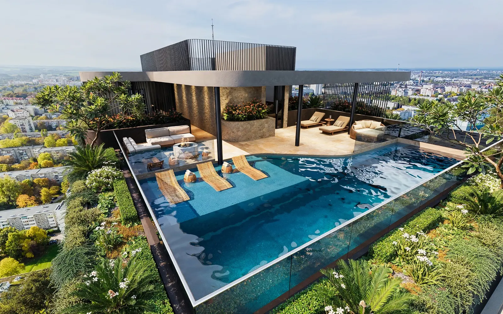 High-rise residential amenity visualisation for 24–26 Welch Street, Southport, presenting a rooftop infinity pool, sunken lounge, planting and panoramic urban outlook. Photorealistic residential 3D render of a rooftop infinity pool and landscaped terrace at 24–26 Welch Street, Southport