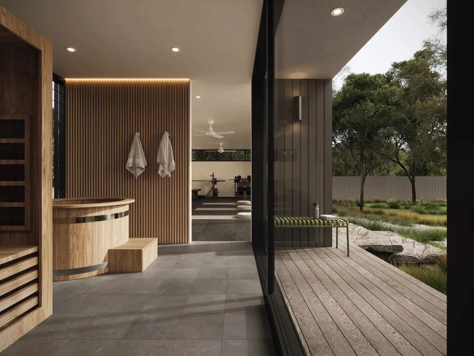 Residential wellness visualisation for Coastline Studios, combining a timber sauna and plunge area, home gym, sheltered deck and native landscape within one connected retreat. Photorealistic residential 3D render of a private wellness space with timber sauna, cold plunge, home gym and landscaped garden outlook