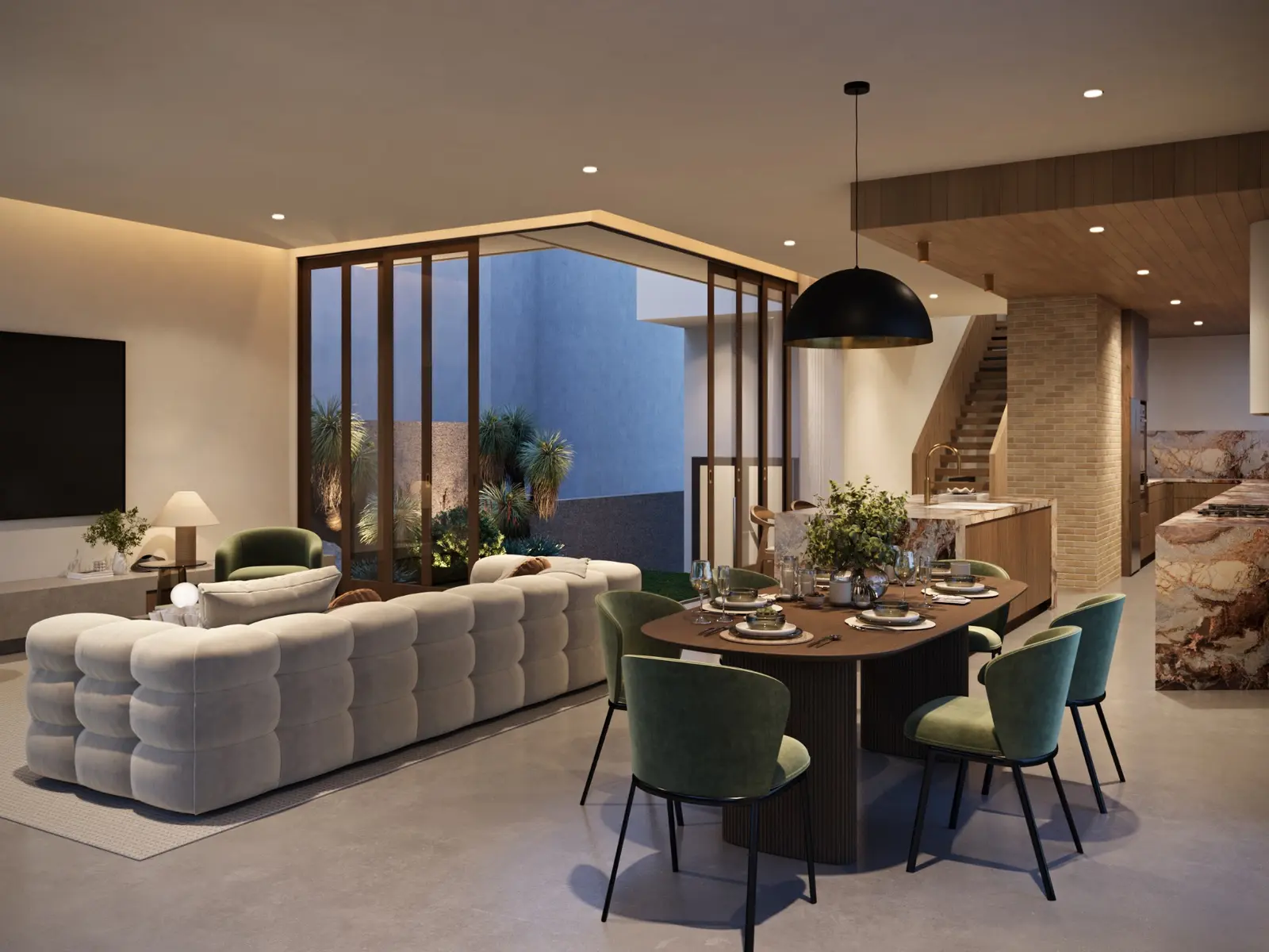 Luxury residential interior visualisation for 81 Raven Street, Camp Hill, presenting connected living, dining and kitchen spaces, statement stone, timber detailing and full-height courtyard glazing. Photorealistic residential 3D render of the living, dining and kitchen interior at 81 Raven Street, Camp Hill, with stone joinery and courtyard glazing