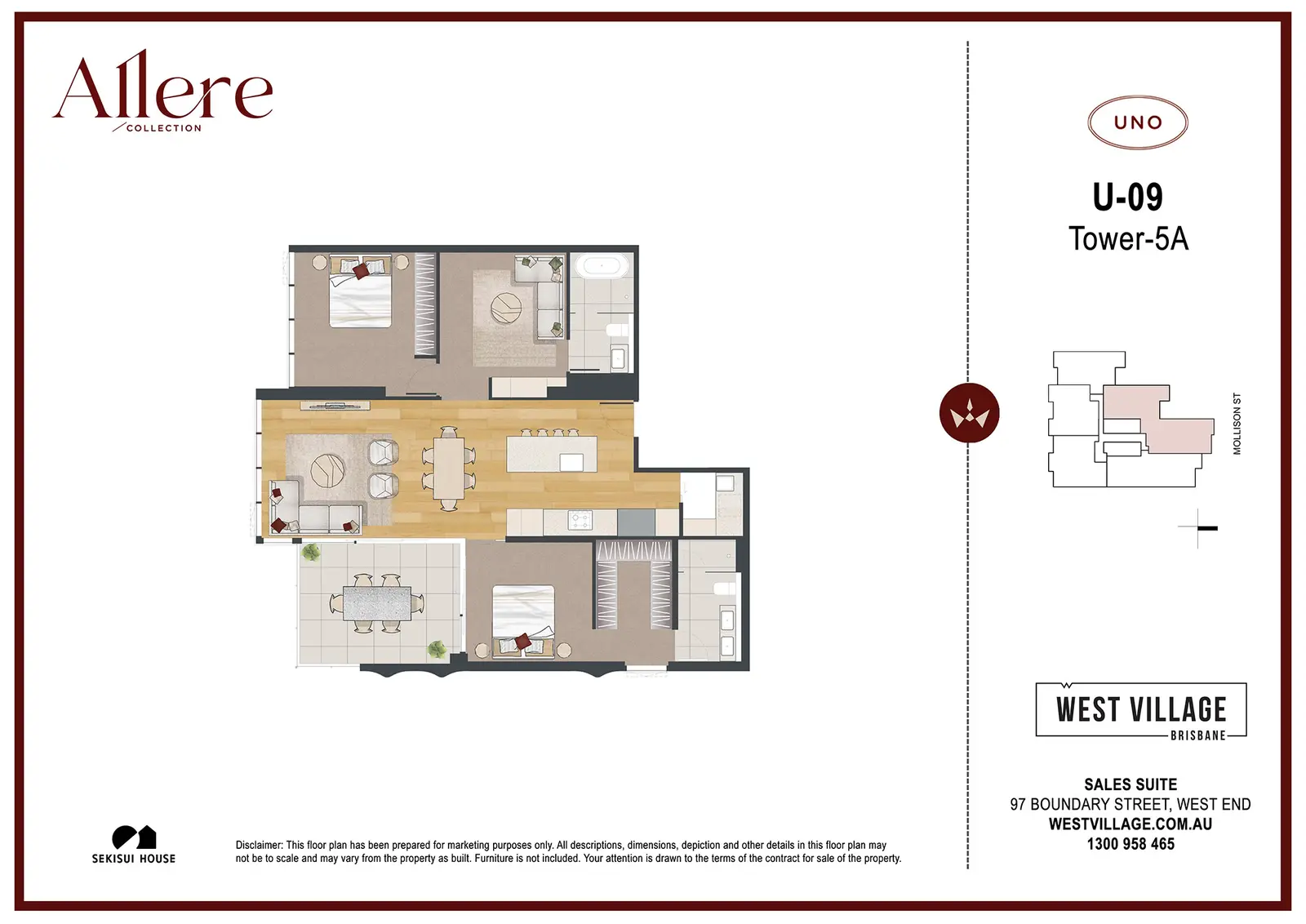 Property marketing floor plan for Allere at West Village Brisbane, presenting apartment U-09 with two bedrooms, two bathrooms, open living and dining, kitchen, balcony and building location diagram. Branded marketing floor plan for Allere West Village apartment U-09 in Tower 5A with two bedrooms, two bathrooms, open-plan living and balcony