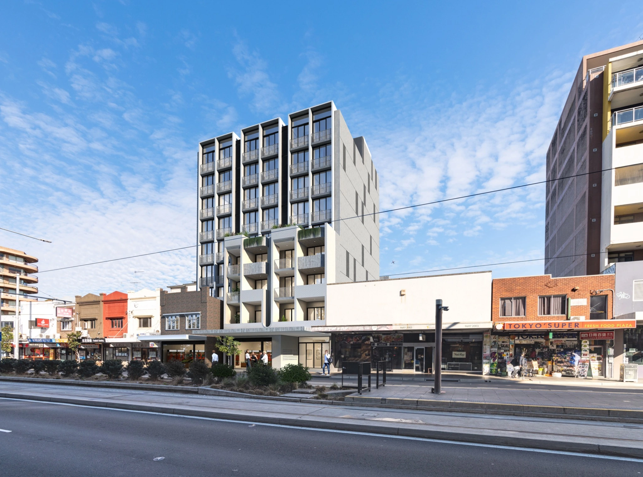 Architectural photomontage of a contemporary apartment development on Anzac Parade in Kingsford