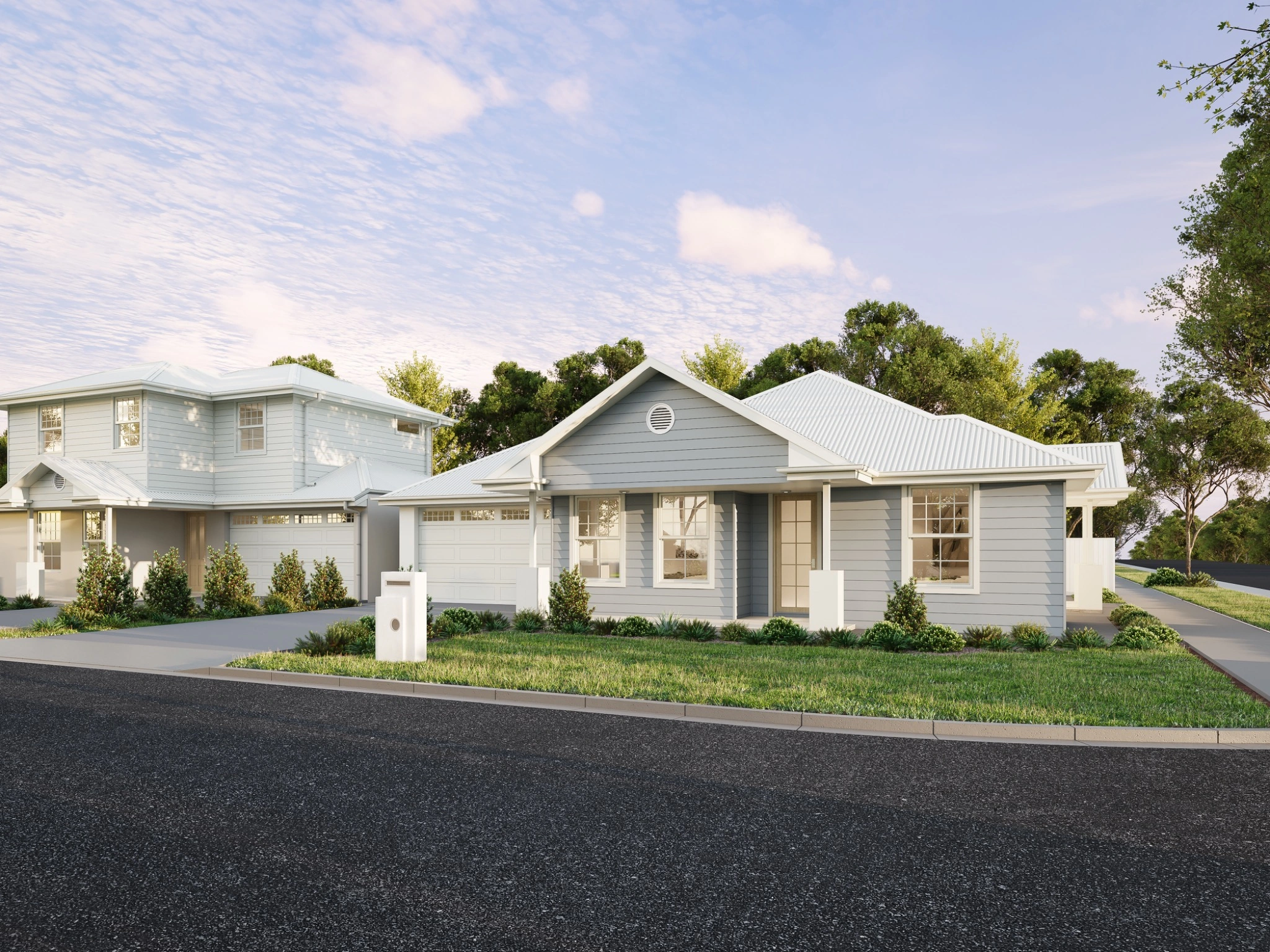 Builder-range visualisation showing coordinated Hamptons-inspired homes, front gardens, driveways and a clear suburban street presentation. Photorealistic 3D render of a Hamptons-style single-storey home range arranged along a landscaped Australian suburban street