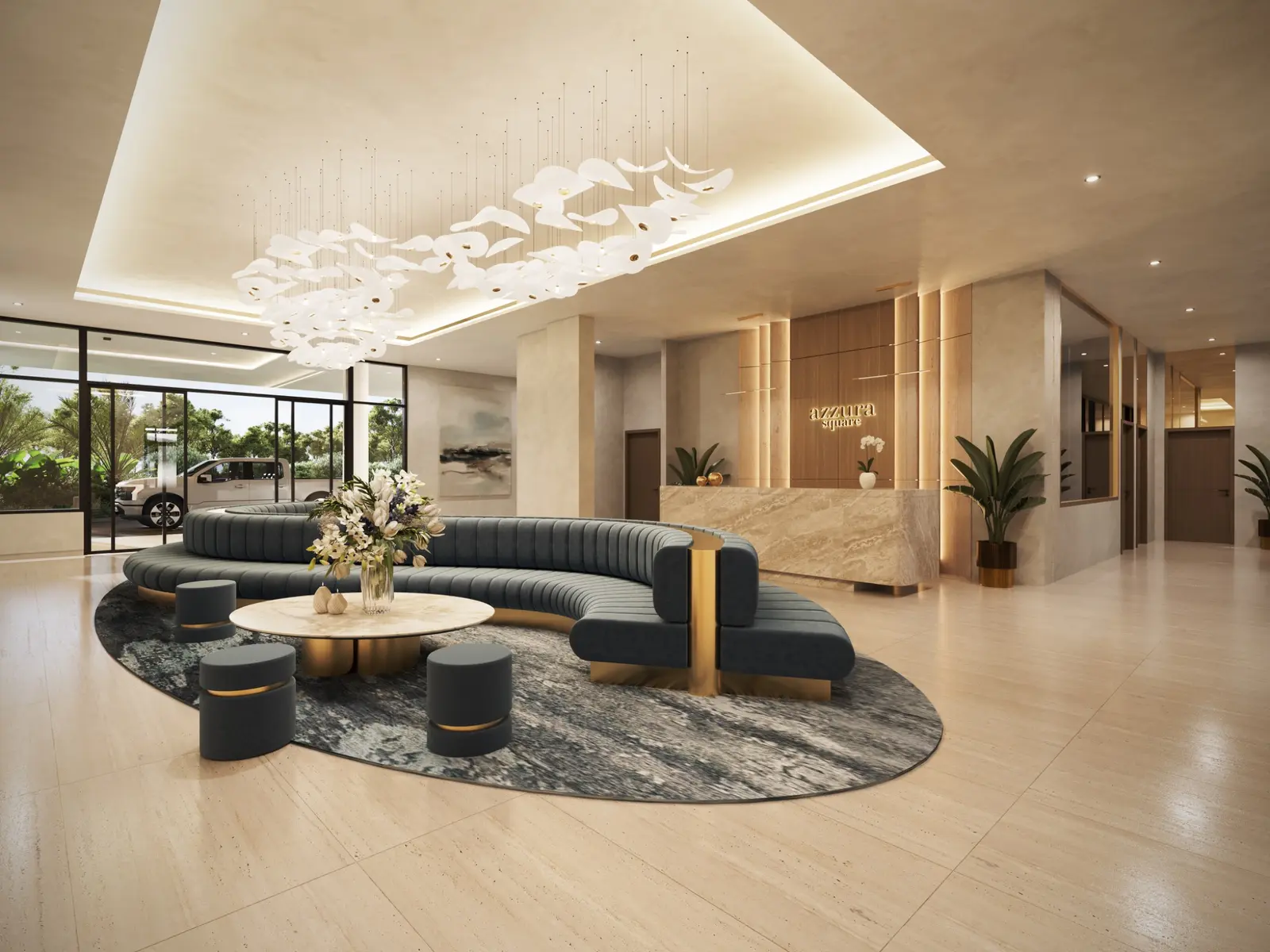 Commercial lobby visualisation for Azzura Square at 1–13 Colebatch Way, South Hedland, featuring a sculptural pendant installation, curved lounge seating, stone reception and refined timber detailing. Photorealistic commercial 3D render of the Azzura Square lobby in South Hedland with sculptural lighting, curved seating and stone reception desk