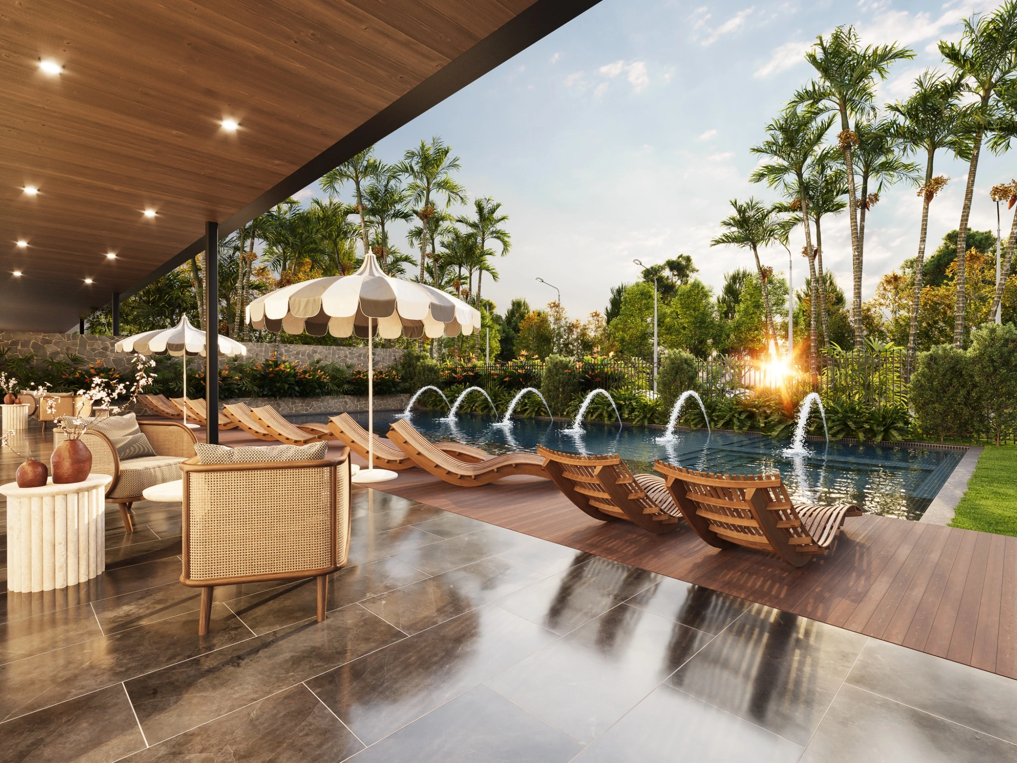 Photorealistic pool and landscaped outdoor living area 3D render