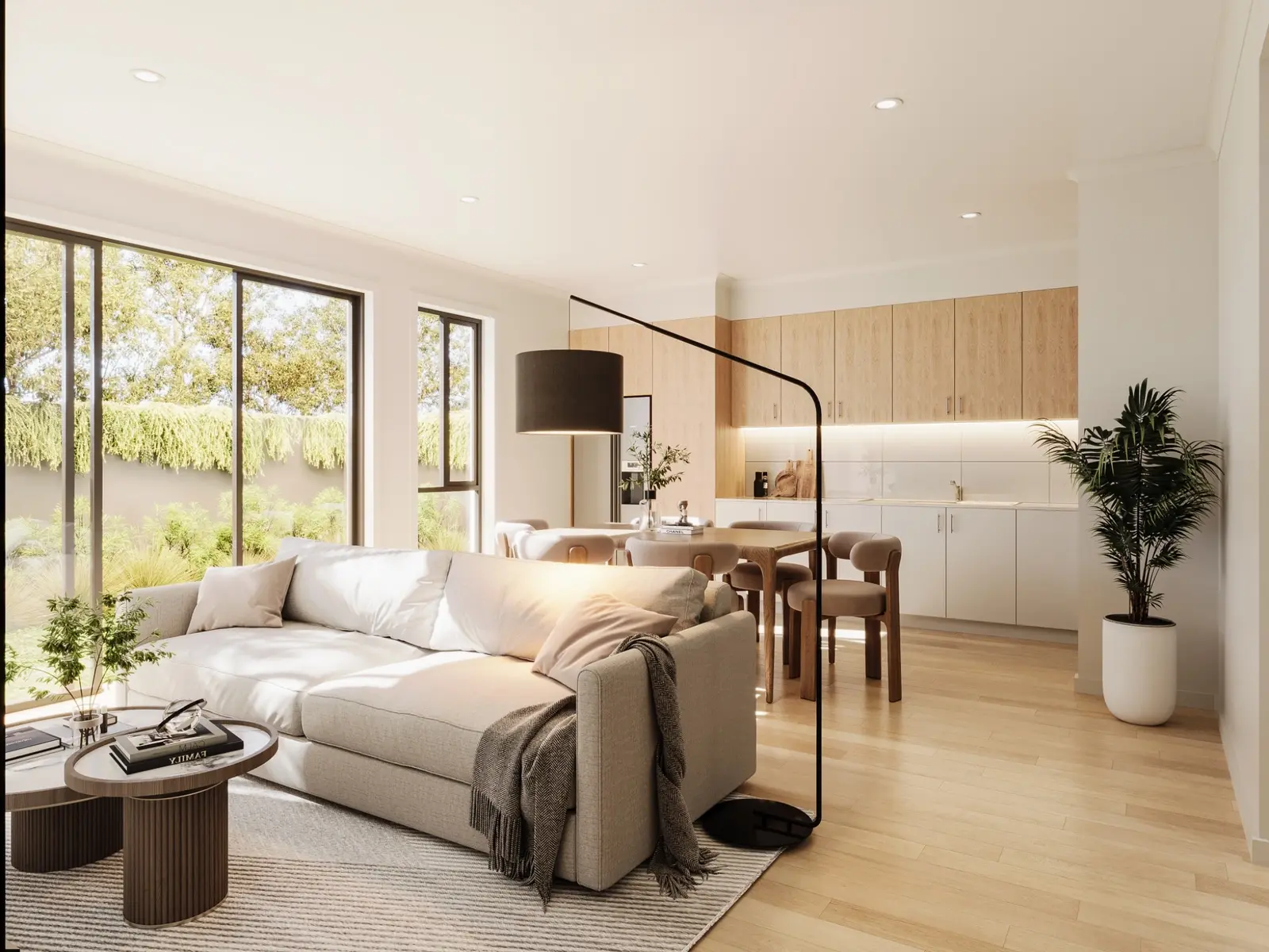 Residential interior visualisation for Bonnin Street, Reynella, showing a light-filled open-plan living, dining and kitchen arrangement with garden outlooks and a calm natural material palette. Photorealistic 3D render of a bright open-plan living, dining and kitchen interior on Bonnin Street, Reynella, with pale timber cabinetry, large windows and neutral furnishings