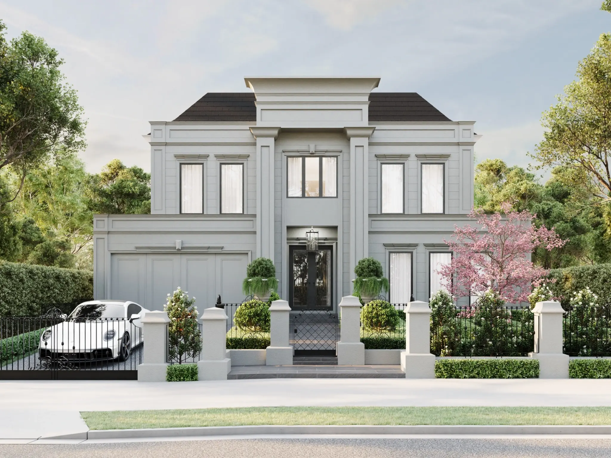 Luxury residential facade visualisation for Bulleen Road, Balwyn North, showing the formal two-storey architecture, detailed exterior mouldings, entry gates and established landscape. Photorealistic facade 3D render of a grand luxury residence on Bulleen Road in Balwyn North with formal architecture and landscaped frontage