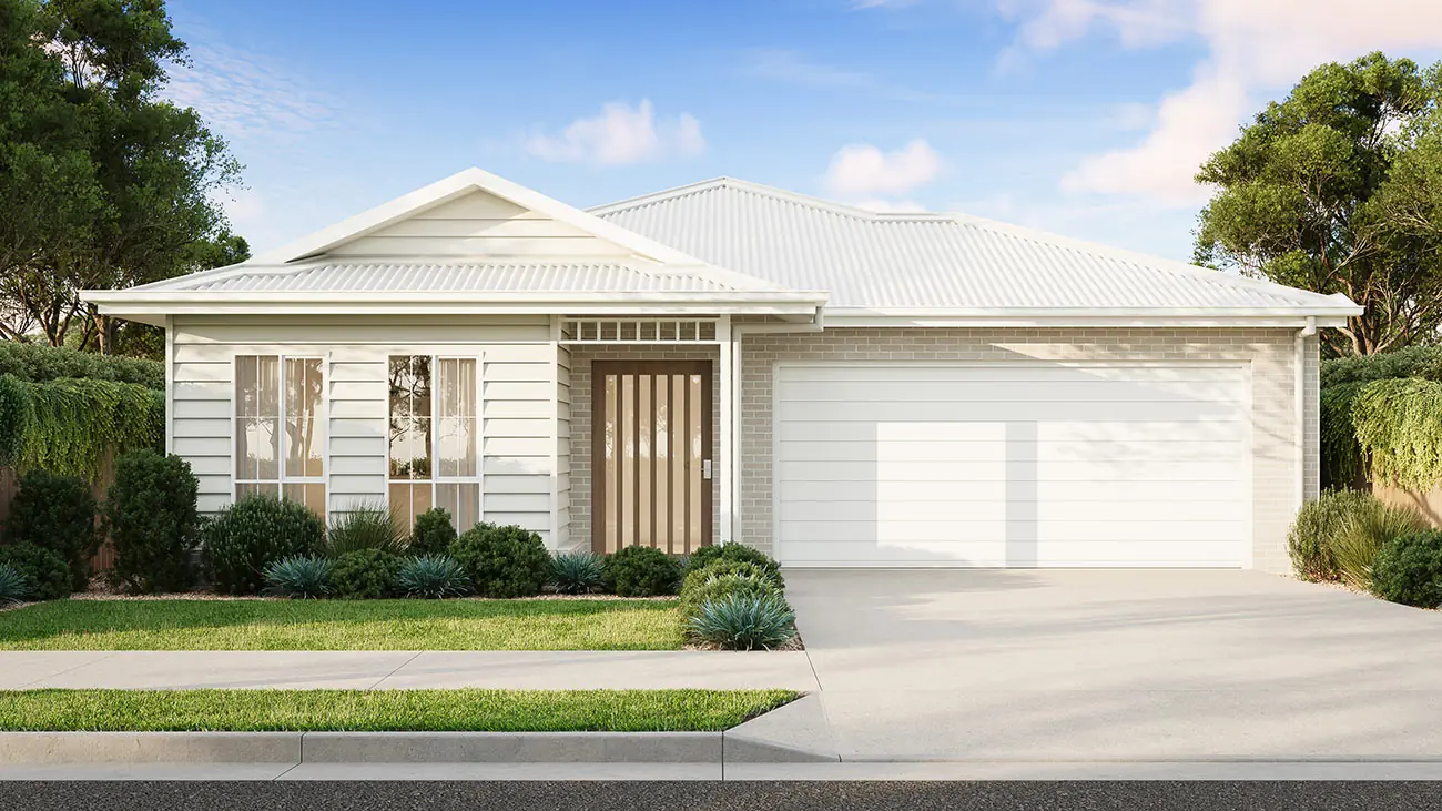 Casa Sol 210 facade render presenting the single-storey design, roof form, garage, entry details, light exterior finishes and front landscaping. Photorealistic front facade 3D render of the Casa Sol 210 single-storey home with a light coastal material palette and landscaped entry