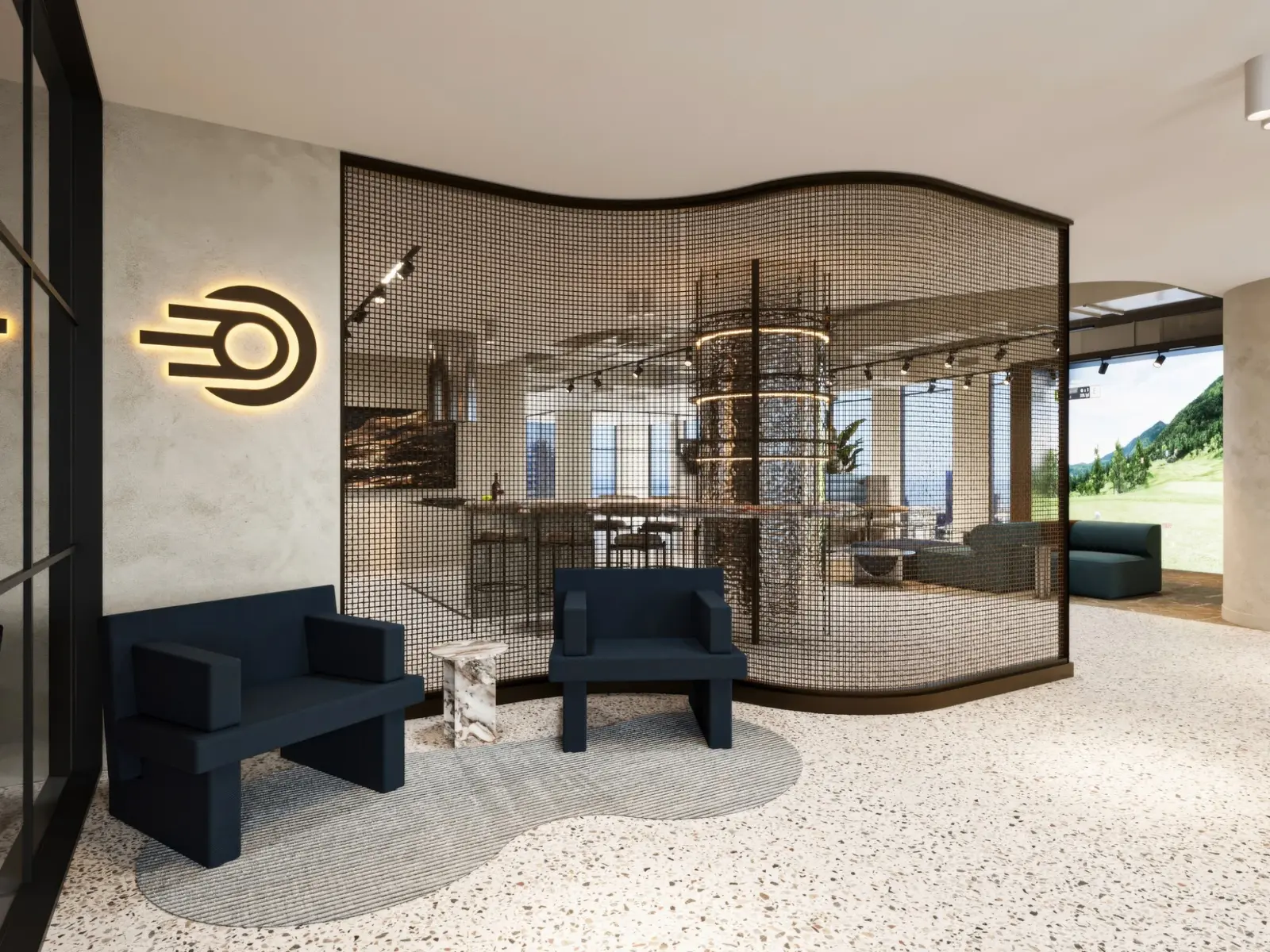 Commercial workplace visualisation for Castlereagh Street, Sydney, showing a distinctive arrival lounge, curved mesh partition, illuminated brand feature and connected breakout spaces. Photorealistic commercial interior 3D render on Castlereagh Street in Sydney with lounge seating, curved mesh screening, illuminated branding and collaborative spaces