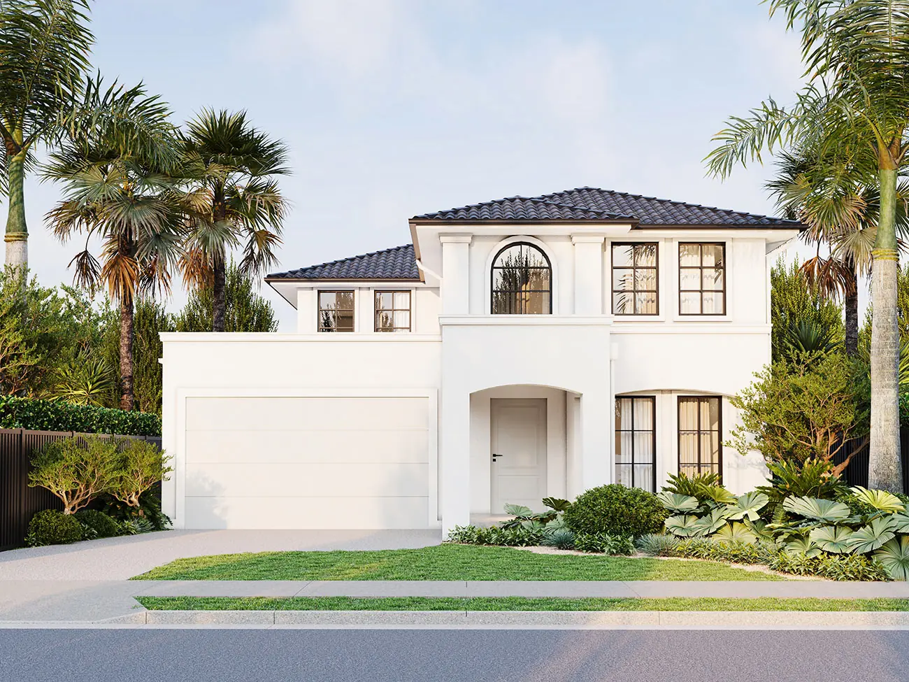 House 1A facade visualisation for Collaroy Plateau, with detailed white exterior finishes, arched glazing, tiled roof and a fully landscaped street presentation. Photorealistic facade 3D render of House 1A at Collaroy Plateau featuring a refined white two-storey exterior, arched window and subtropical landscaping