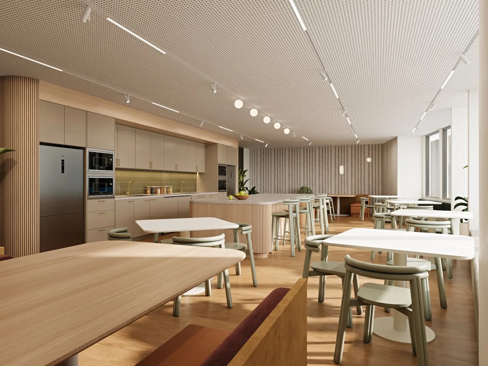 Commercial office fit-out visualisation of a welcoming staff breakout room with a full kitchen, communal island, flexible tables, banquette seating and acoustic ceiling treatment. Photorealistic commercial office breakout room 3D render with a staff kitchen, island seating, acoustic ceiling, banquettes and warm timber finishes