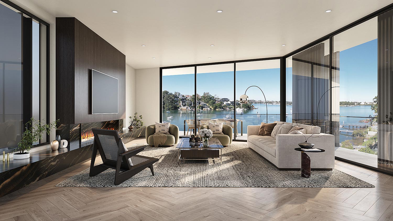 Luxury residential interior visualisation featuring a refined open-plan living room, fireplace, contemporary furniture, full-height glazing and a panoramic waterfront outlook in Cammeray. Photorealistic 3D render of a luxury waterfront living room on Cowdroy Avenue, Cammeray, with full-height glazing and harbour views