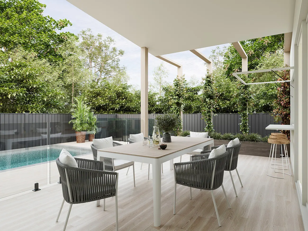 Residential outdoor-living visualisation for 13 Cupania Street, Mudjimba, showing a covered dining terrace, glass pool fencing, integrated barbecue and dense subtropical planting. Photorealistic 3D render of a covered alfresco dining area and swimming pool at 13 Cupania Street, Mudjimba, surrounded by lush tropical landscaping