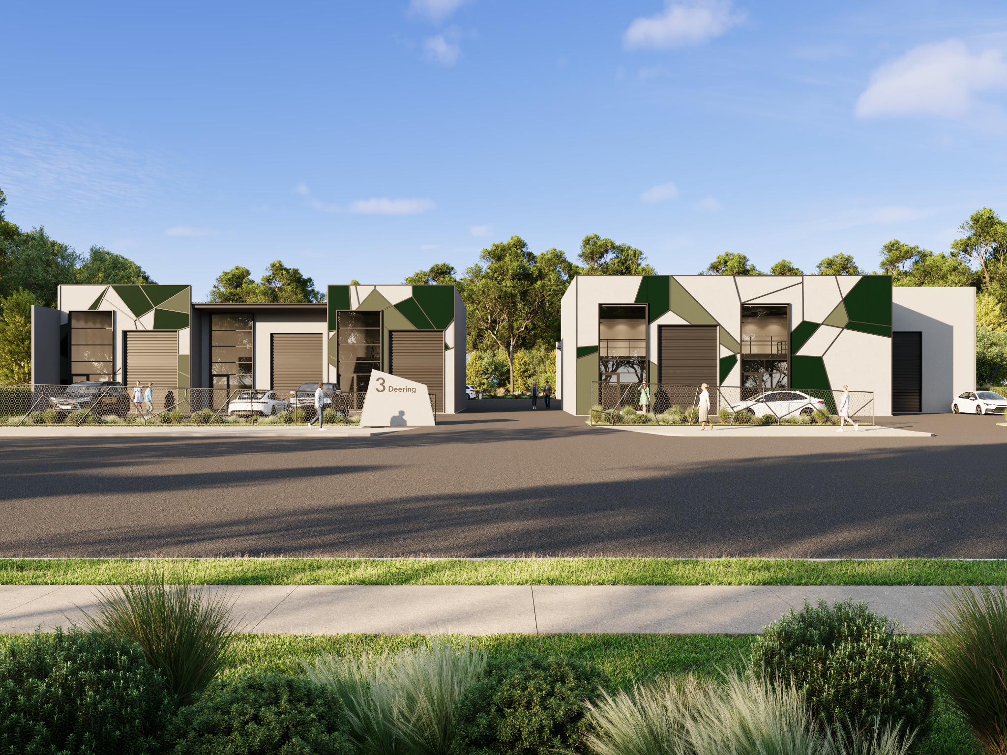 Industrial development visualisation for 3 Deering Street, Yamba, presenting multiple warehouse units with distinctive geometric facade graphics, vehicle access and an active landscaped streetscape. Photorealistic streetscape 3D render of industrial units at 3 Deering Street in Yamba with geometric green facades, roller doors, glazing and landscaped frontage