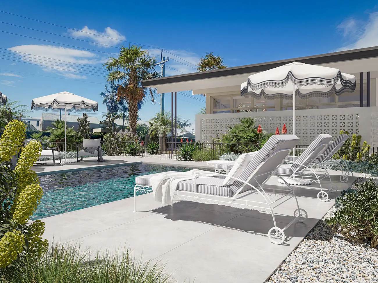 Pool and outdoor amenity visualisation for Dolphins Mollymook, presenting a bright coastal terrace, swimming pool, striped furniture, shade umbrellas and layered resort planting. Photorealistic 3D render of the Dolphins Mollymook pool terrace with striped sun lounges, umbrellas, coastal planting and resort-style landscaping