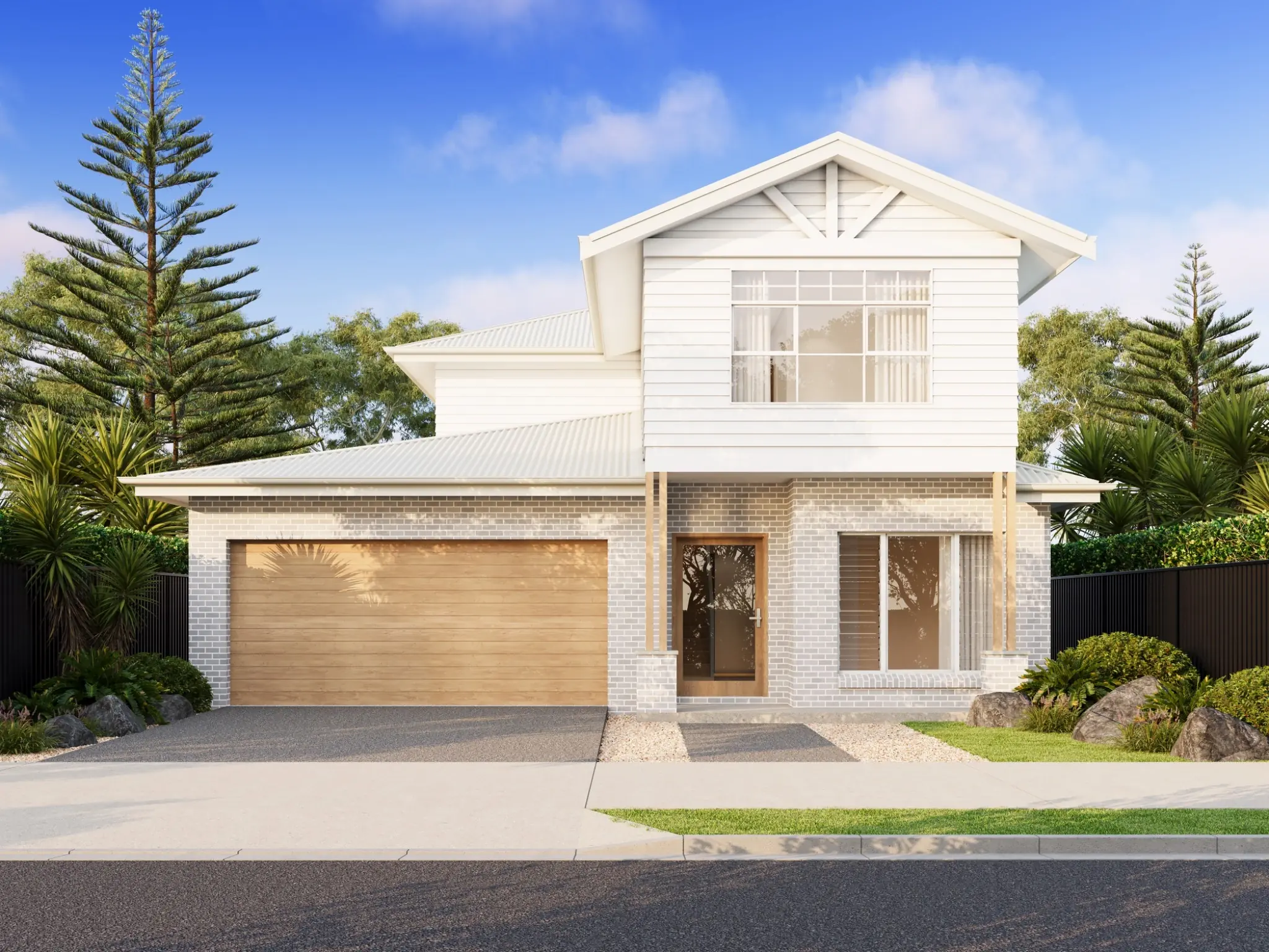Residential facade render of a double-storey coastal home, presenting its weatherboard cladding, gabled roof, entry, garage and street-facing landscape in clear daylight. Photorealistic exterior 3D render of a light coastal-style double-storey home with weatherboard cladding, gabled roof and landscaped frontage
