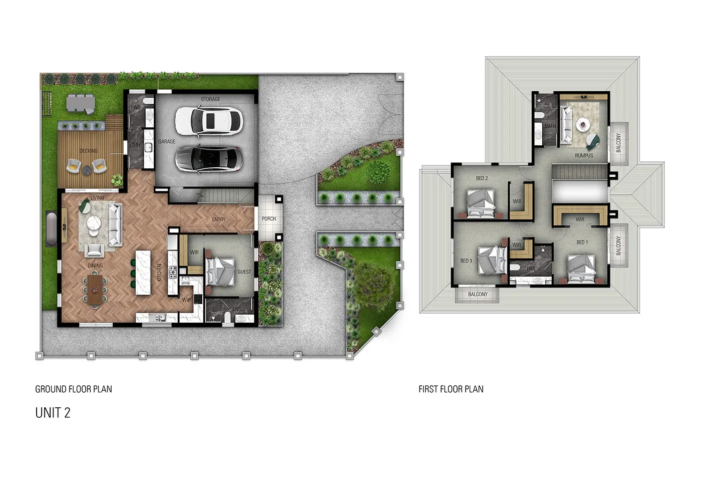 Detailed two-level marketing floor plan presenting the ground-floor living, kitchen, guest suite, garage and gardens alongside the first-floor bedrooms, bathrooms, rumpus room and balconies. Coloured furnished marketing floor plan showing the ground and first floors of a double-storey home with four bedrooms, garage, gardens and balconies