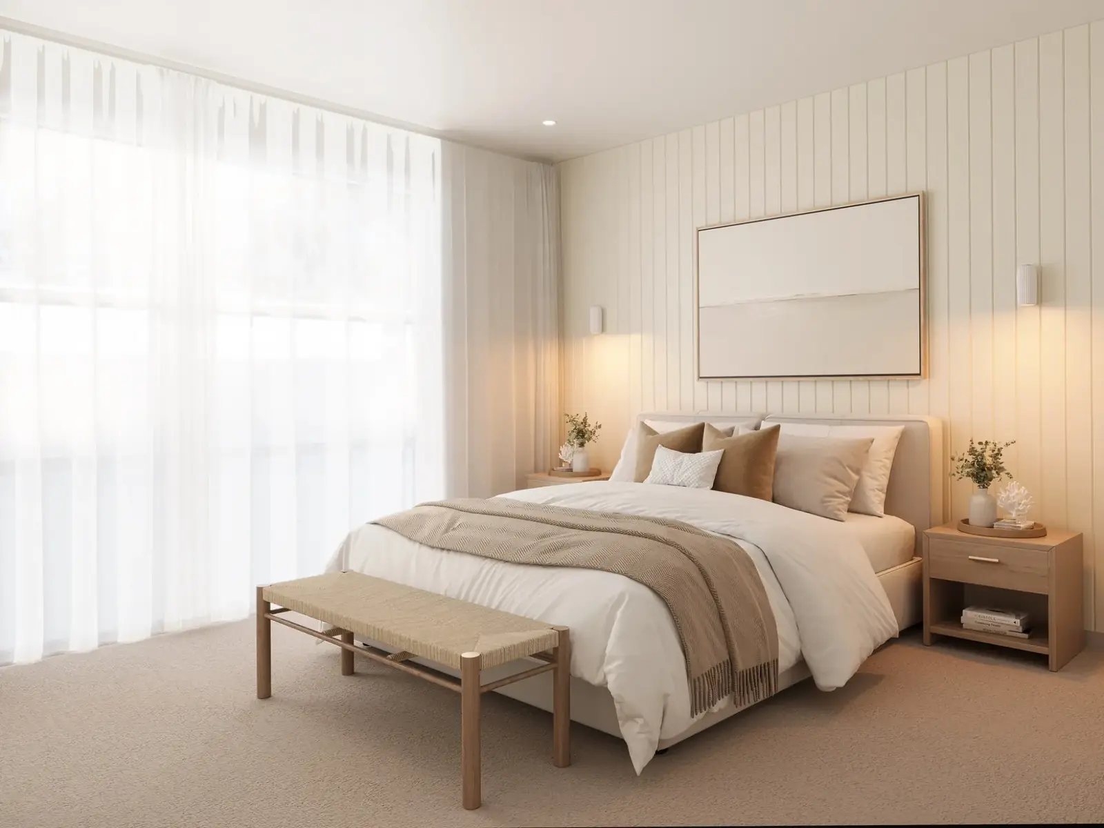 Master bedroom visualisation for Dromana Parade, Safety Beach, communicating the calm neutral palette, vertical wall detailing, furniture, lighting and generous natural light. Photorealistic residential 3D render of a warm neutral master bedroom on Dromana Parade, Safety Beach, with soft daylight and timber furniture