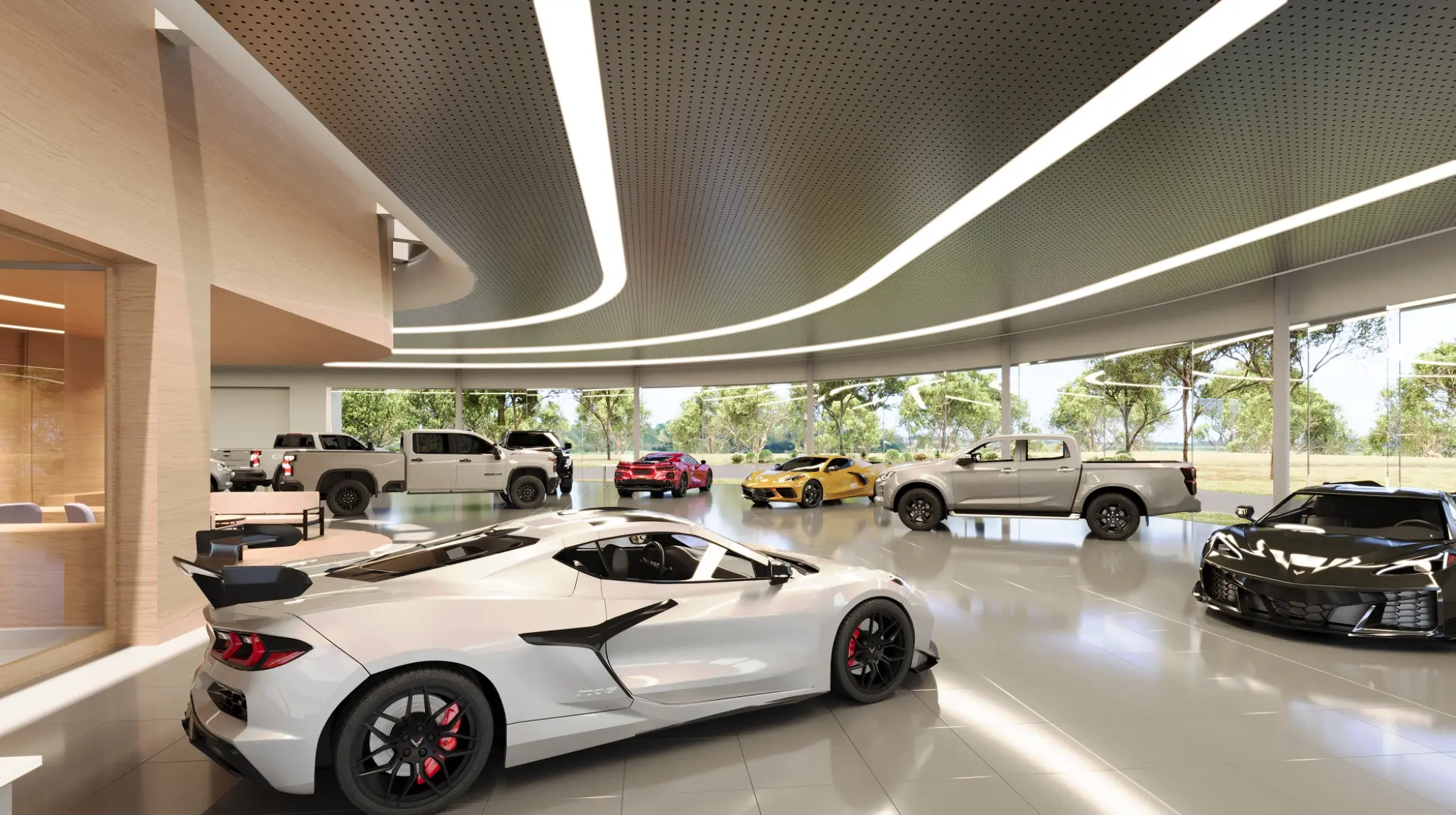 Photorealistic automotive showroom interior 3D render in Fyshwick with display cars, sculptural ceiling lighting and full-height glazing