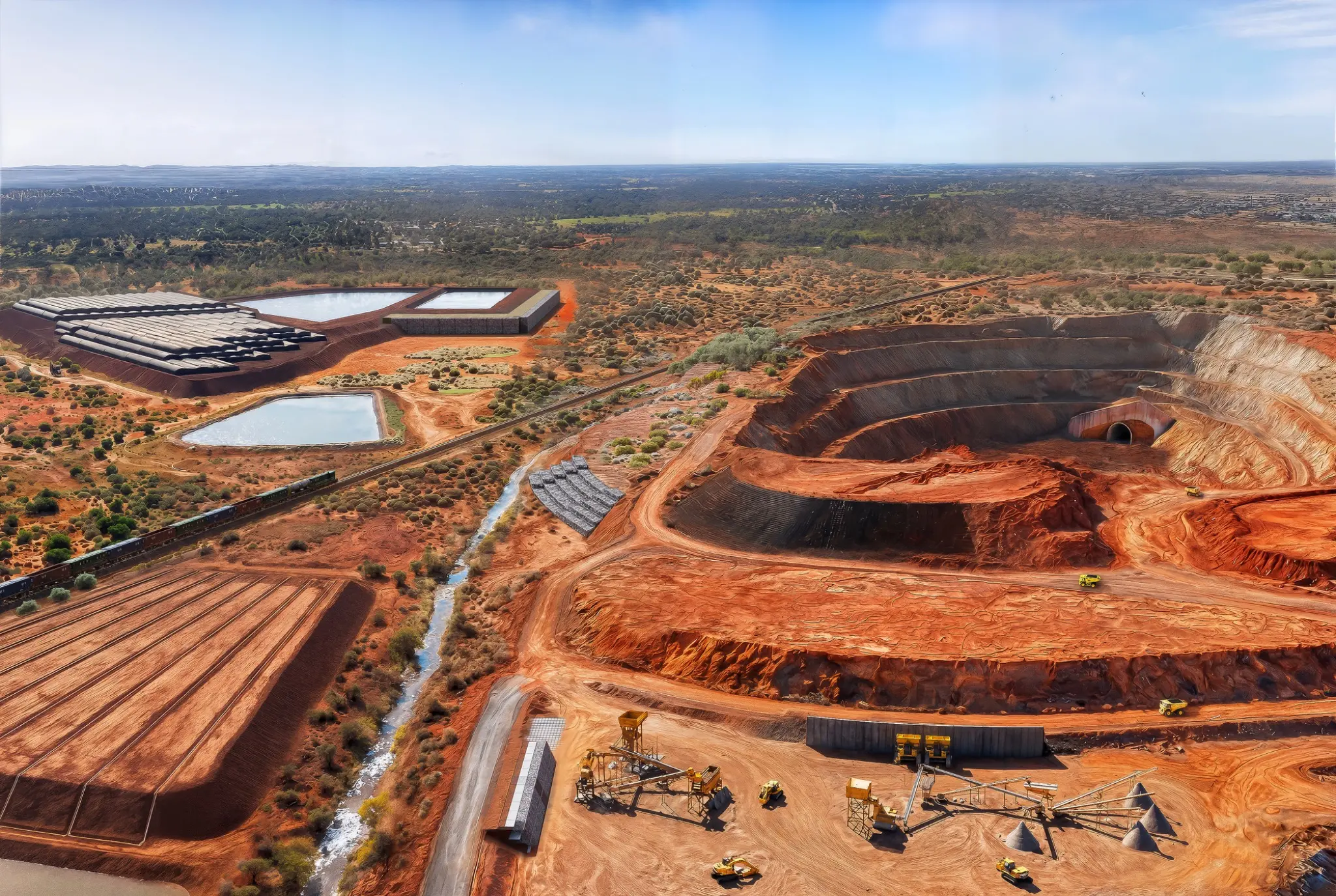 Large-scale mining and geofabric aerial visualisation communicating the proposed open-cut operation, terrain, access routes, material storage, water management and industrial infrastructure. Expansive aerial photomontage of an Australian open-cut mining operation with geofabric installations, haul roads, processing infrastructure, rail and water management areas