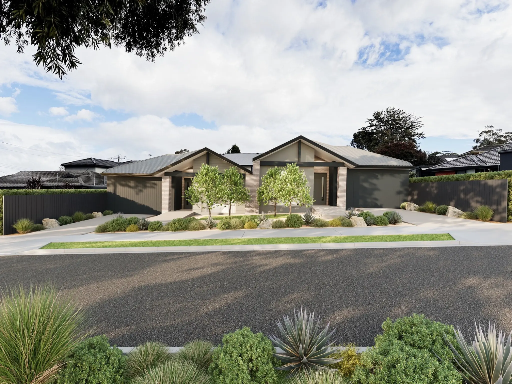 Site-integrated residential photomontage for Grayson Drive, Scoresby, showing two coordinated single-storey homes, garages, native landscaping and their relationship to the surrounding neighbourhood. Architectural photomontage of a contemporary dual-occupancy development on Grayson Drive in Scoresby integrated into the existing suburban streetscape