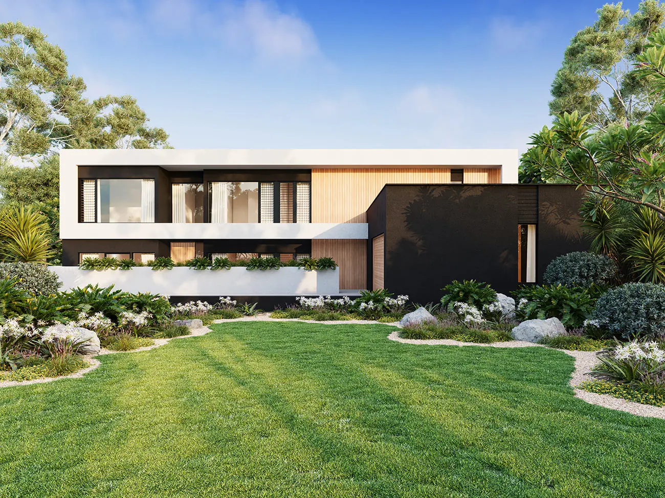 Contemporary two-storey home facade visualisation for Grevillea Crescent, Swan View, showing the architectural form, black and timber material palette and detailed front landscaping. Photorealistic facade 3D render of a contemporary two-storey home on Grevillea Crescent in Swan View with black cladding, warm timber and native landscaping