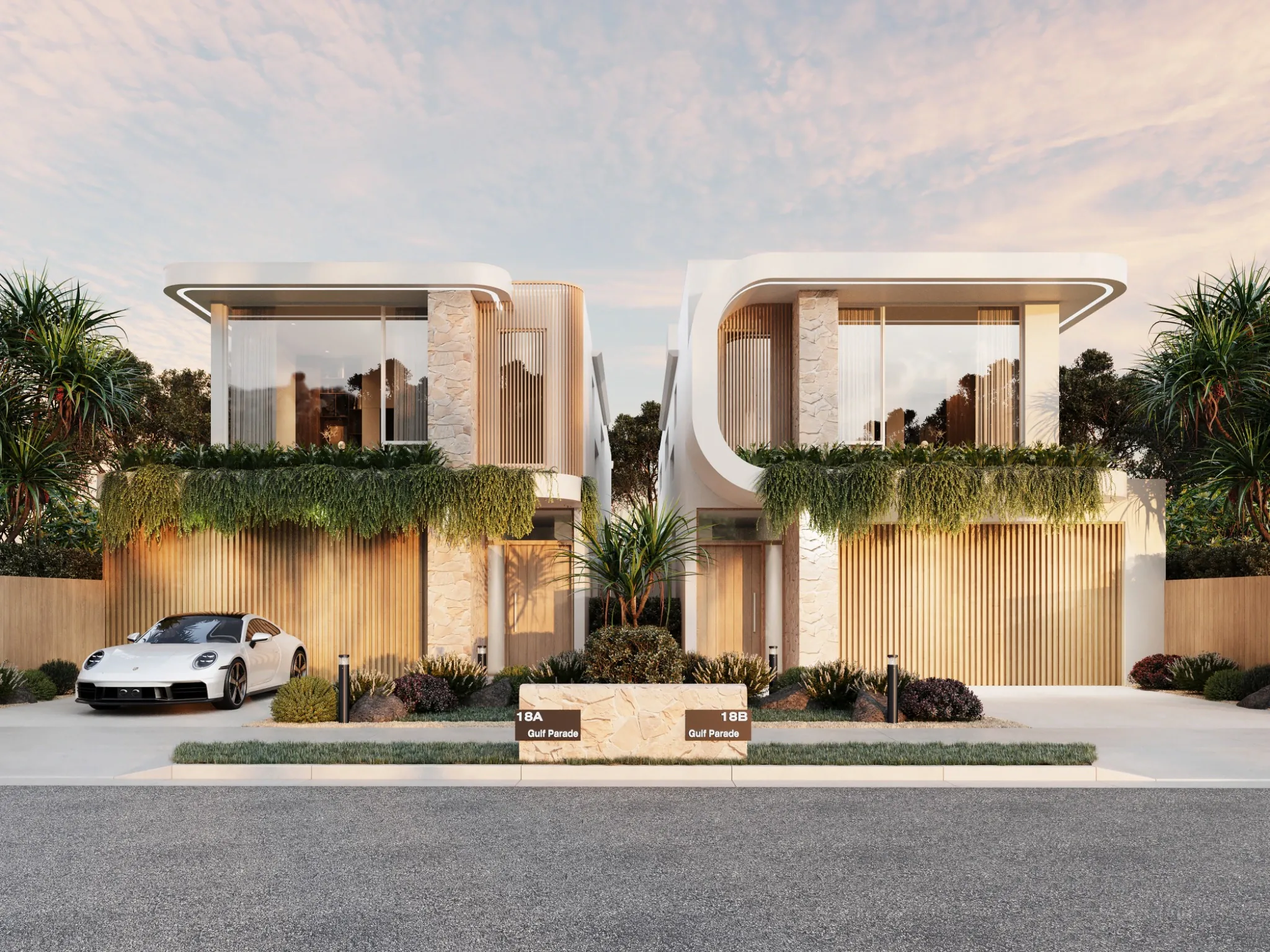 Coastal duplex streetscape visualisation with curved architecture, stone and timber finishes, integrated garages and layered planting. Photorealistic streetscape 3D render of contemporary coastal duplex homes on Gulf Parade in South Brighton with curved facades and landscaped frontages
