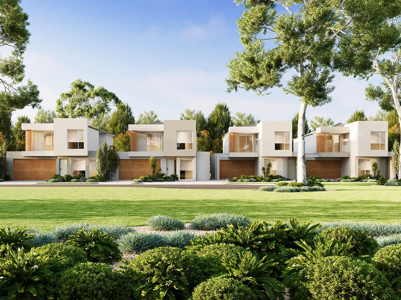 Photorealistic streetscape 3D render of contemporary two-storey townhouses at 2 Hillside Court, Campbelltown, South Australia, with timber garage doors and established landscaping