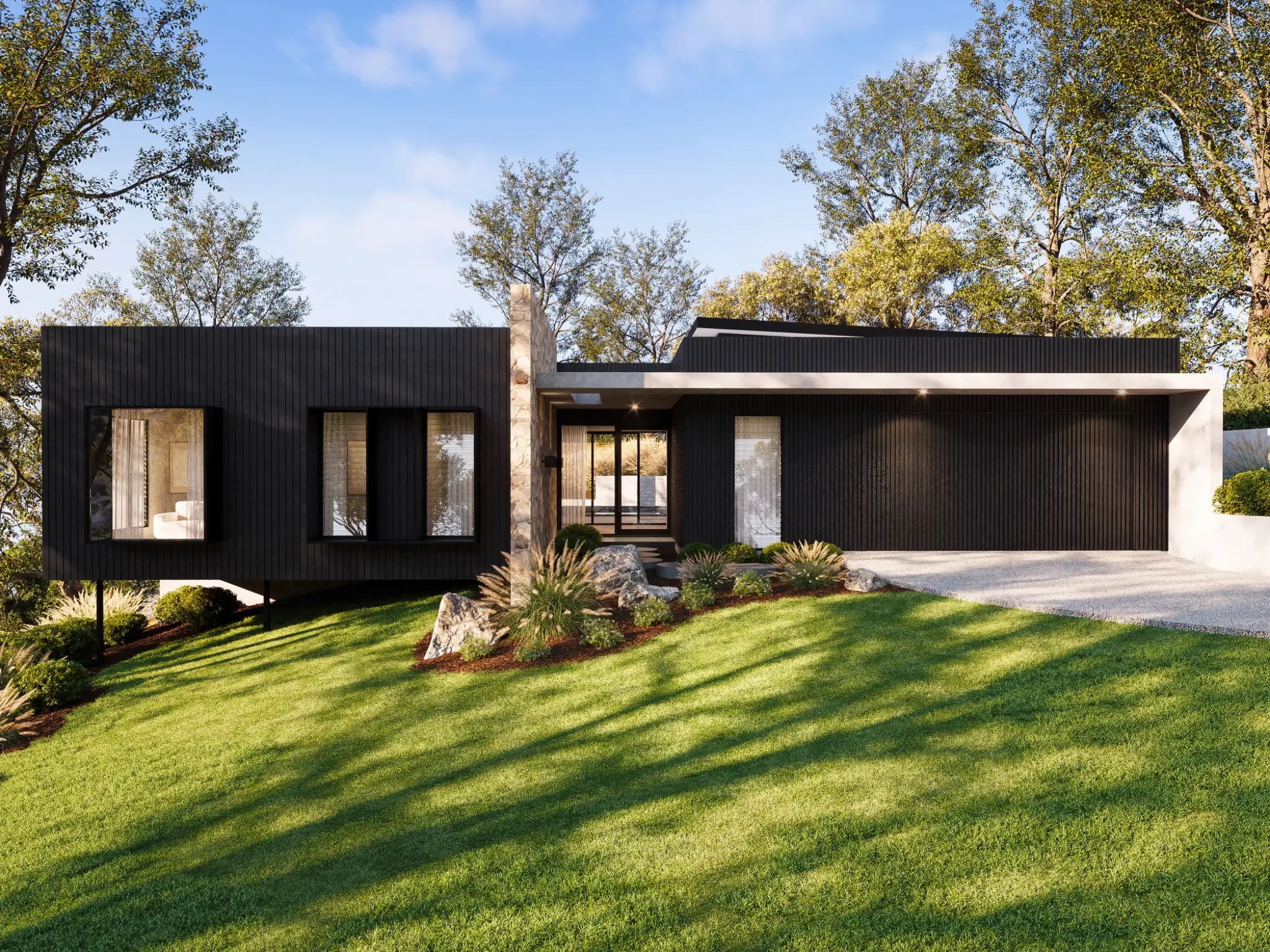 Architectural visualisation of a contemporary single-storey residence in Coolum Beach, featuring a dark vertical-clad facade, stone chimney and landscaped garden. Photorealistic exterior 3D render of a modern black-clad home with native landscaping on Horizons Drive, Coolum Beach