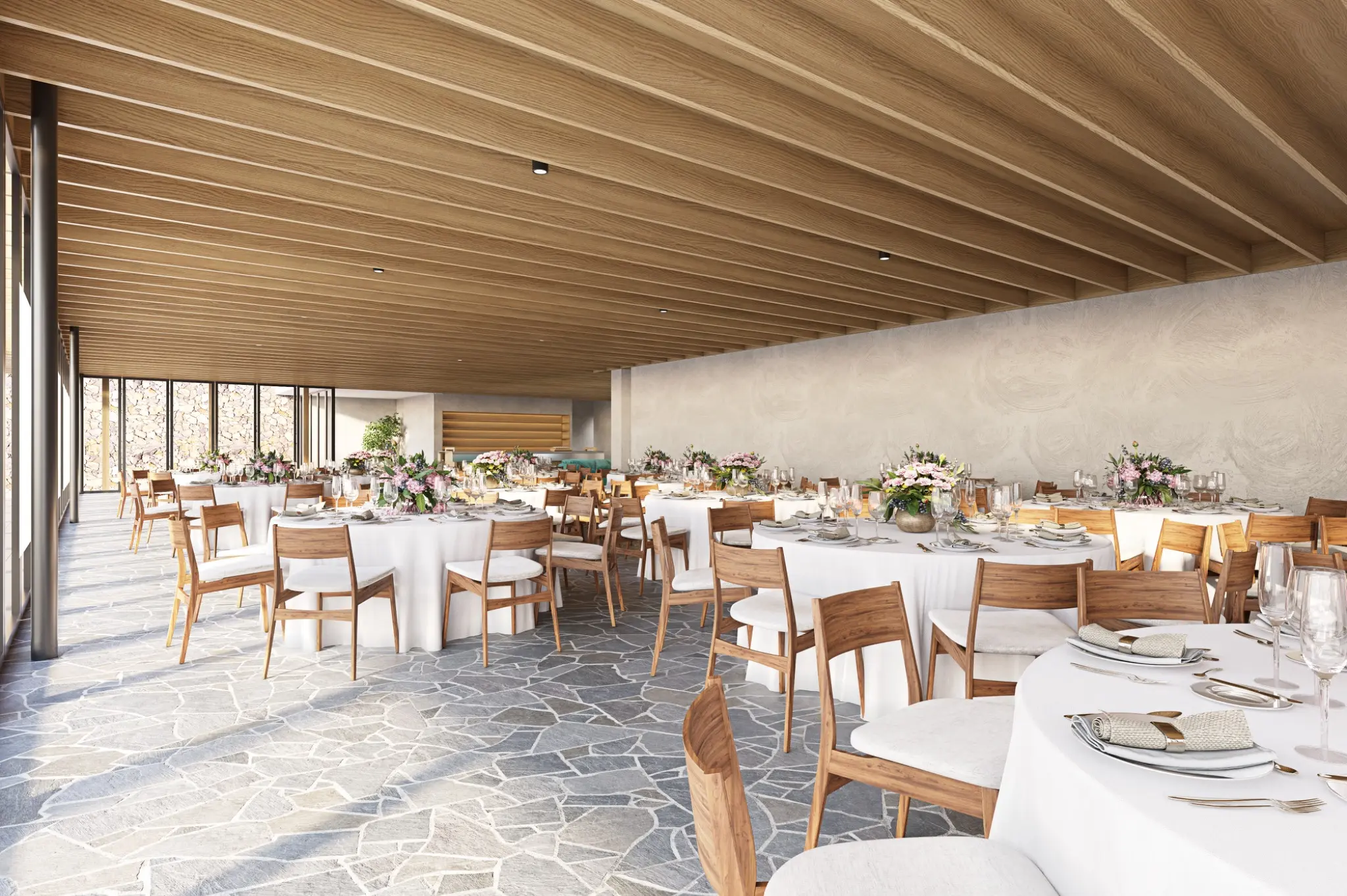Hospitality venue visualisation for a function room on Horrex Road, Ravensbourne, showing the event layout, table settings, warm timber ceiling, natural stone floor and garden outlook. Photorealistic 3D render of a function room on Horrex Road in Ravensbourne set for a formal event with round tables, floral arrangements, timber ceiling and stone flooring