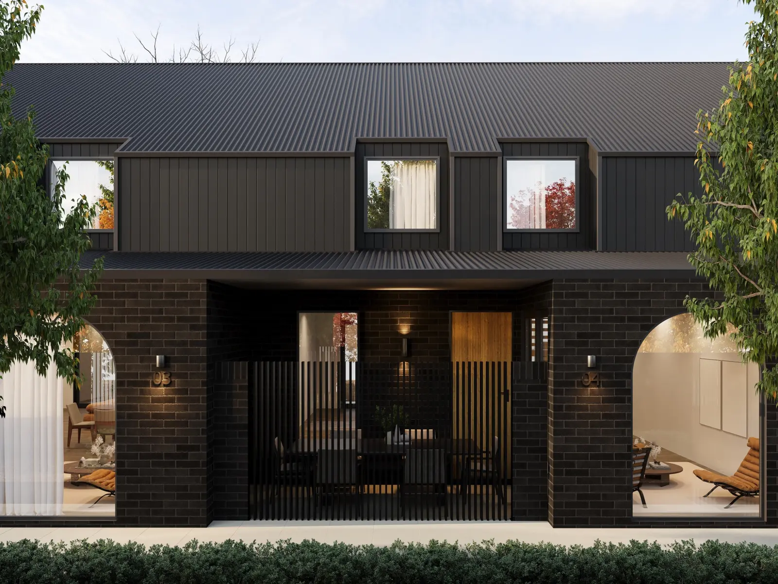 Townhouse exterior visualisation for 40 Ijong Street, Braddon, presenting the dark brick and metal facade, arched ground-floor windows, private entries, warm interior lighting and established street trees. Photorealistic residential 3D render of contemporary dark-brick townhouses at 40 Ijong Street, Braddon, with arched windows and landscaped frontage