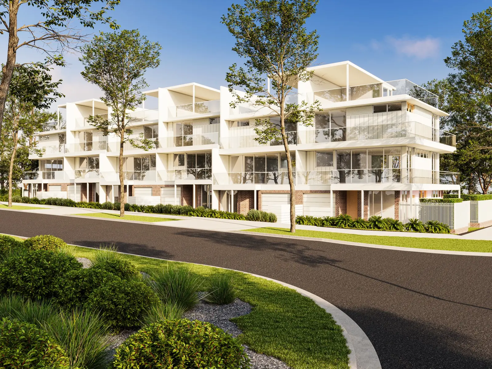 Property development visualisation for 19 Jubilee Avenue, Ulladulla, presenting contemporary multi-level townhouses with bright coastal facades, integrated garages, expansive glazing, rooftop terraces and layered streetscape landscaping. Photorealistic exterior 3D render of contemporary three-storey townhouses at 19 Jubilee Avenue in Ulladulla with white facades, rooftop terraces and landscaped street frontage