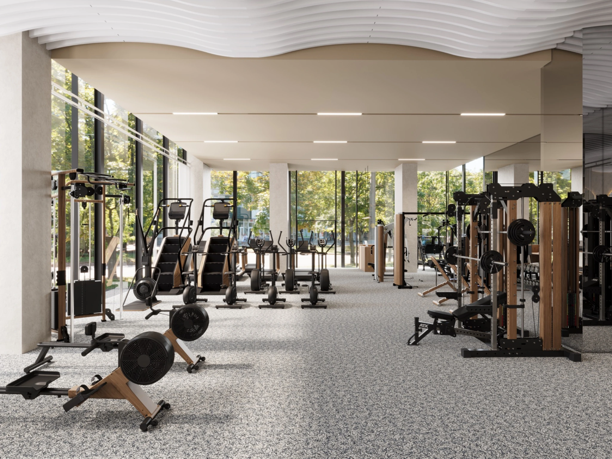 Fitness and wellness interior visualisation for King Square, presenting equipment planning, circulation, natural light, mirrored finishes and the feature undulating ceiling. Photorealistic 3D render of the King Square gym with strength and cardio equipment, full-height glazing, mirrored walls and a sculptural wave ceiling