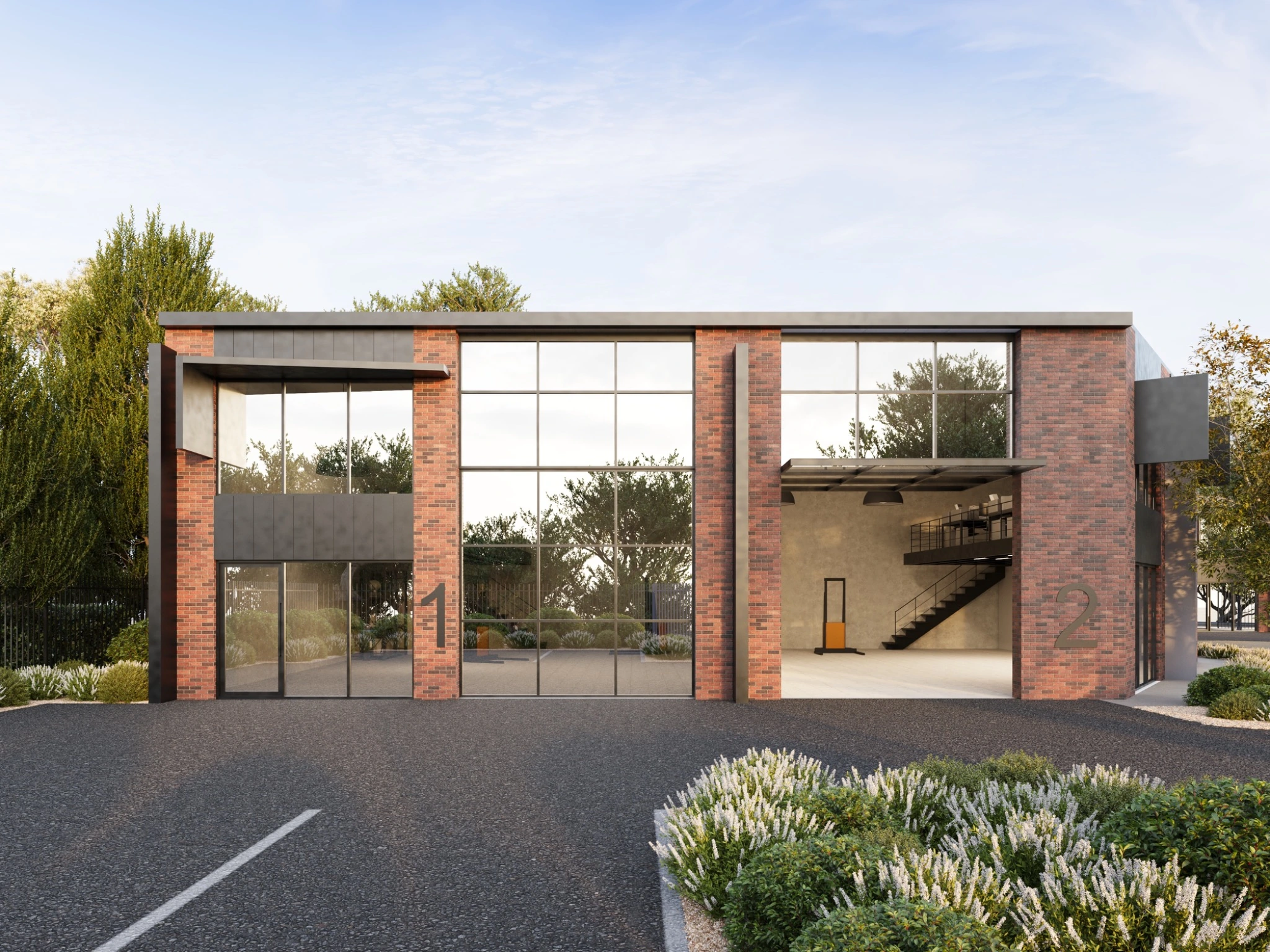Industrial unit visualisation for Metcalf Road, Kyneton, presenting brick and dark metal architecture, double-height glazed frontages, flexible warehouse interiors and landscaped parking. Photorealistic exterior 3D render of brick industrial units on Metcalf Road in Kyneton with double-height glazing, warehouse access and landscaped parking