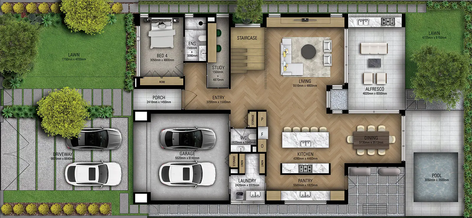 Detailed coloured 2D marketing floor plan of a single-storey family home with four bedrooms, double garage, pool, alfresco area and landscaped gardens