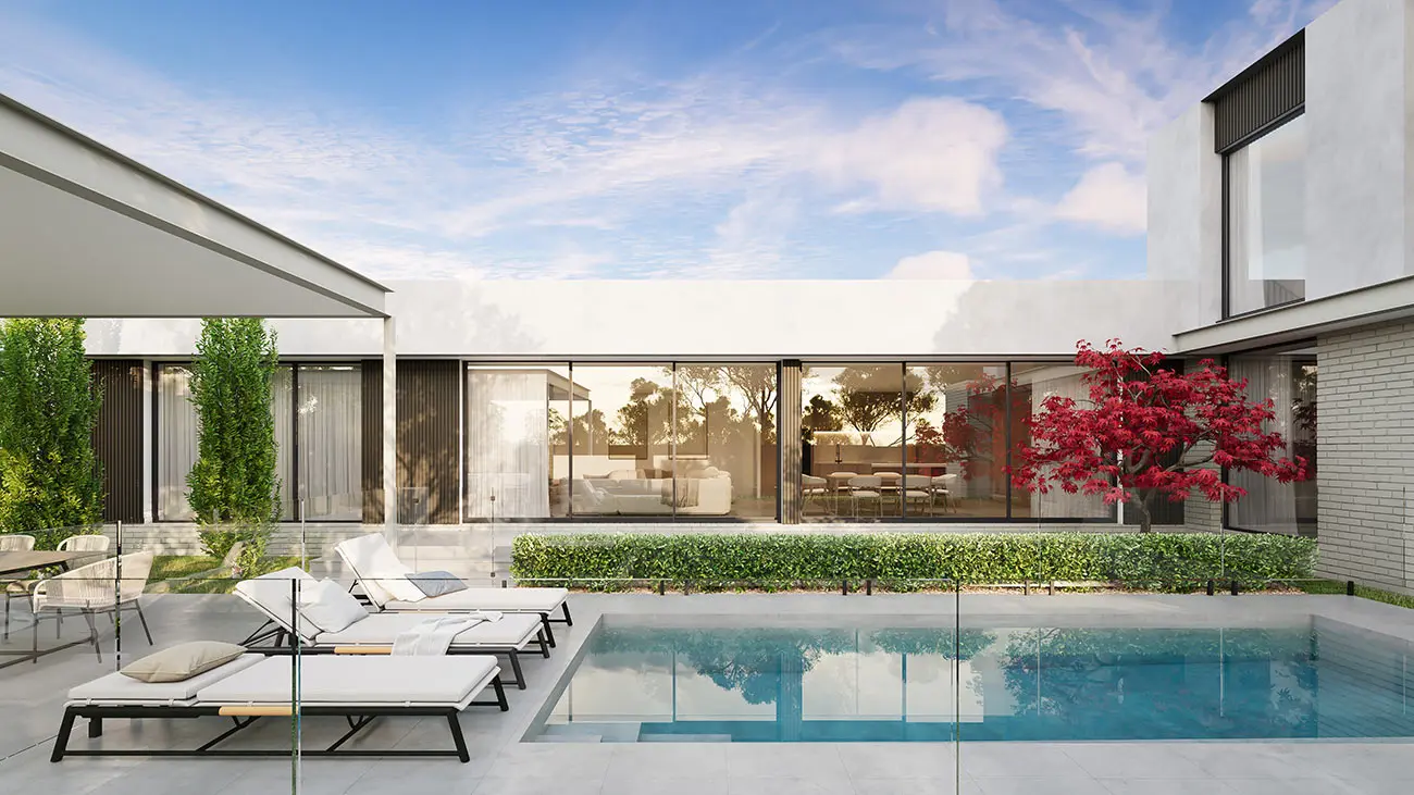 High-resolution alfresco and backyard visualisation for 21 Lawley Street, Deakin, presenting a refined pool courtyard, glass safety fence, outdoor lounging, architectural glazing and layered garden planting. Photorealistic 3D render of a contemporary pool courtyard at 21 Lawley Street, Deakin, with glass fencing, sun lounges, mature landscaping and full-height glazing