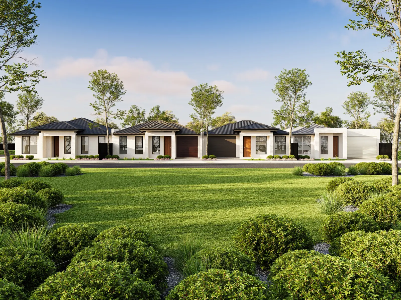 Residential streetscape visualisation for 1 Lowry Street, Elizabeth East, presenting four coordinated single-storey homes with varied rooflines, contemporary facades, integrated garages and layered landscaping. Photorealistic streetscape 3D render of four contemporary single-storey homes on Lowry Street in Elizabeth East with landscaped frontages