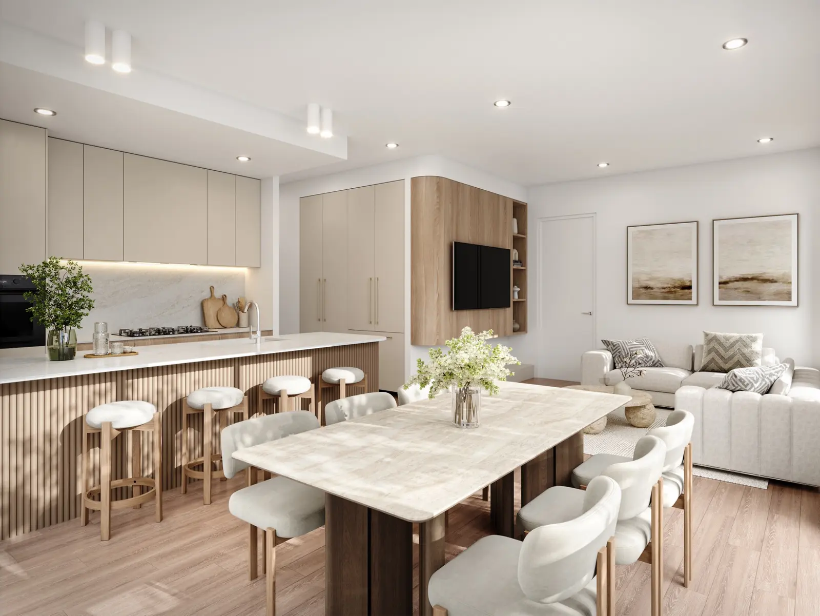 Interior architectural visualisation for 47A Manning Street, Mosman Park, presenting a cohesive open-plan kitchen, dining and living area with warm timber detailing, pale stone surfaces and contemporary furniture. Photorealistic 3D render of the open-plan living, kitchen and dining interior at 47A Manning Street, Mosman Park, with a fluted timber island, stone dining table and soft neutral furnishings