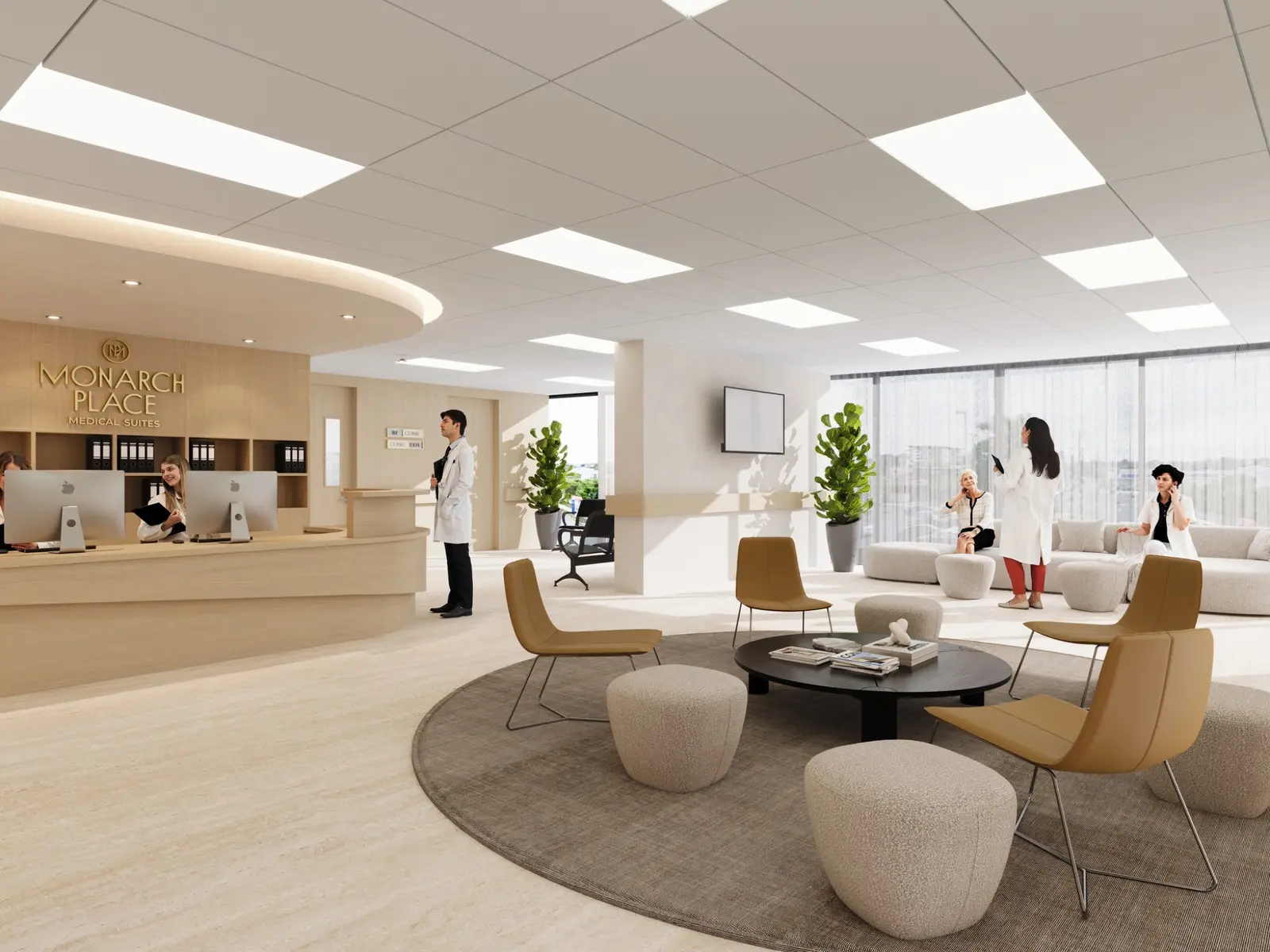 Healthcare interior visualisation for Monarch Place Medical Suites in Southport, presenting the reception desk, patient waiting lounge, consultation circulation, natural light and calm material palette. Photorealistic commercial 3D render of the Monarch Place medical suites reception at 67–73 Meron Street, Southport, with waiting lounge and consultation areas