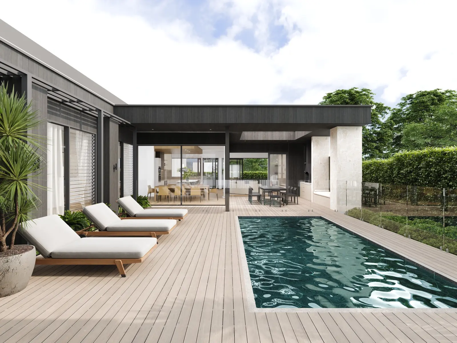 Residential pool and alfresco visualisation for 35 Morrisons Avenue, Mount Martha, showing the swimming pool, timber sun deck, outdoor dining and kitchen, stone detailing and seamless connection to the home interior. Photorealistic residential 3D render of a pool terrace and covered alfresco area at 35 Morrisons Avenue, Mount Martha, with timber decking and garden outlook