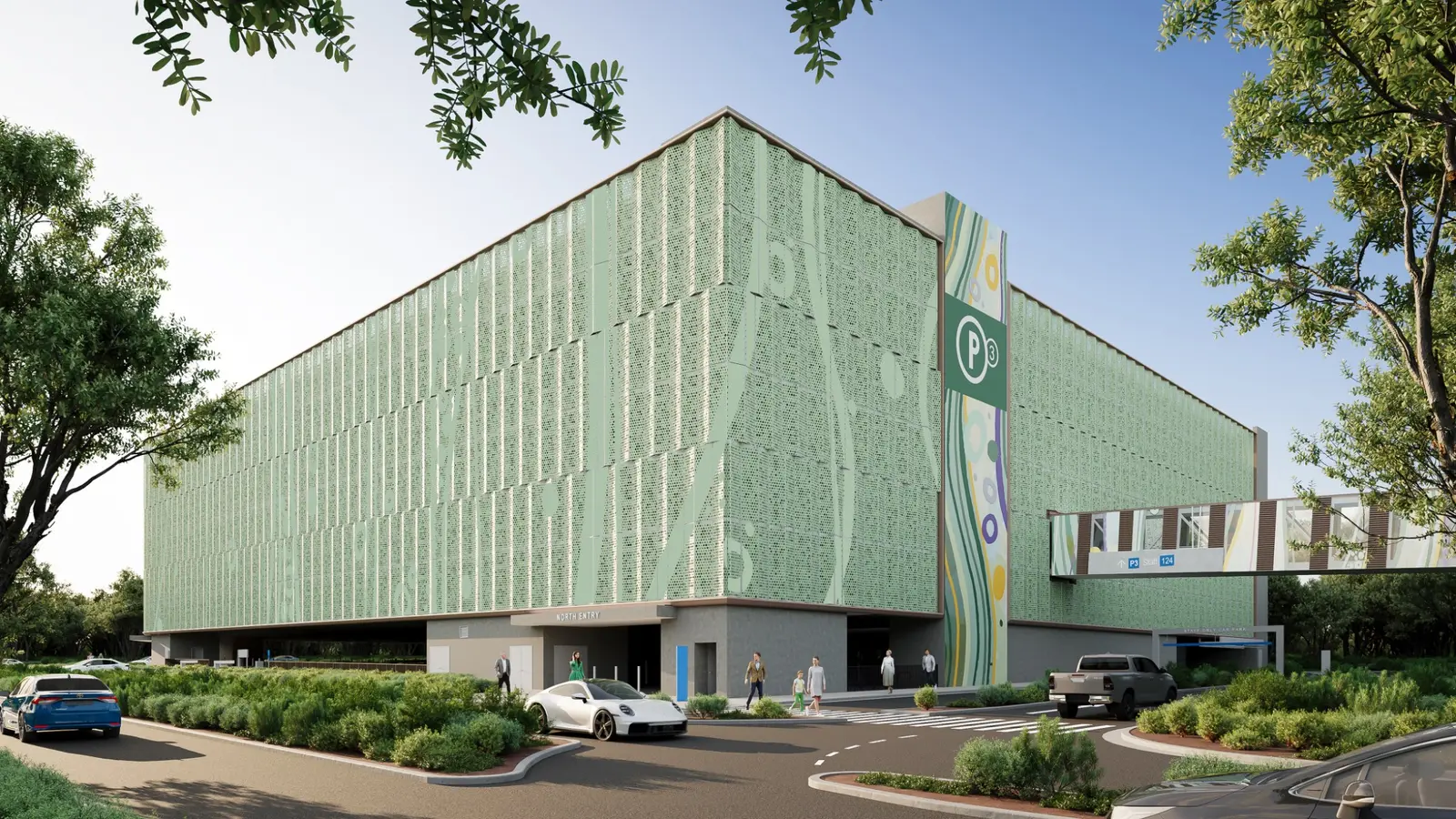 Infrastructure visualisation of a multi-storey car park, communicating the patterned perforated facade, integrated signage, pedestrian circulation, vehicle access and surrounding landscape. Photorealistic 3D render of a multi-storey car park with a perforated green facade, integrated wayfinding, pedestrian entry and landscaped vehicle approach