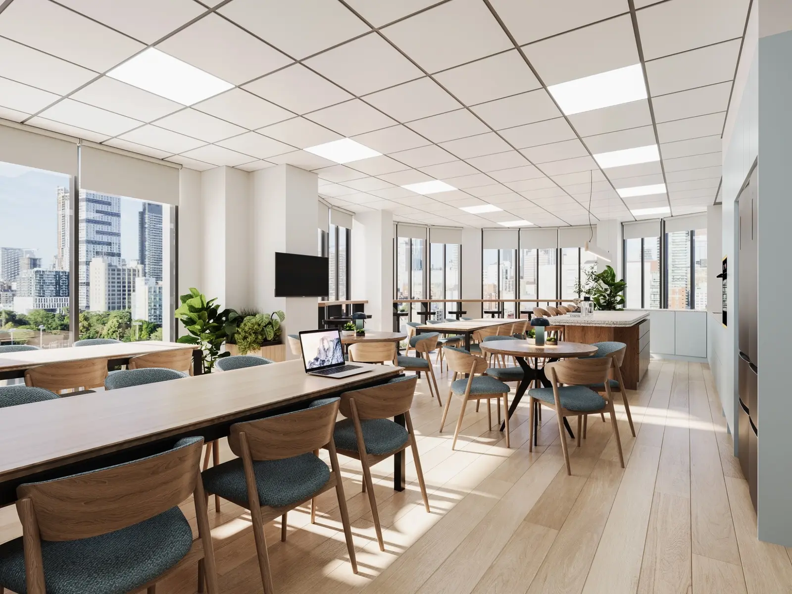 Photorealistic commercial 3D rendering of a light-filled Melbourne office breakout room with communal tables, kitchen facilities and city views