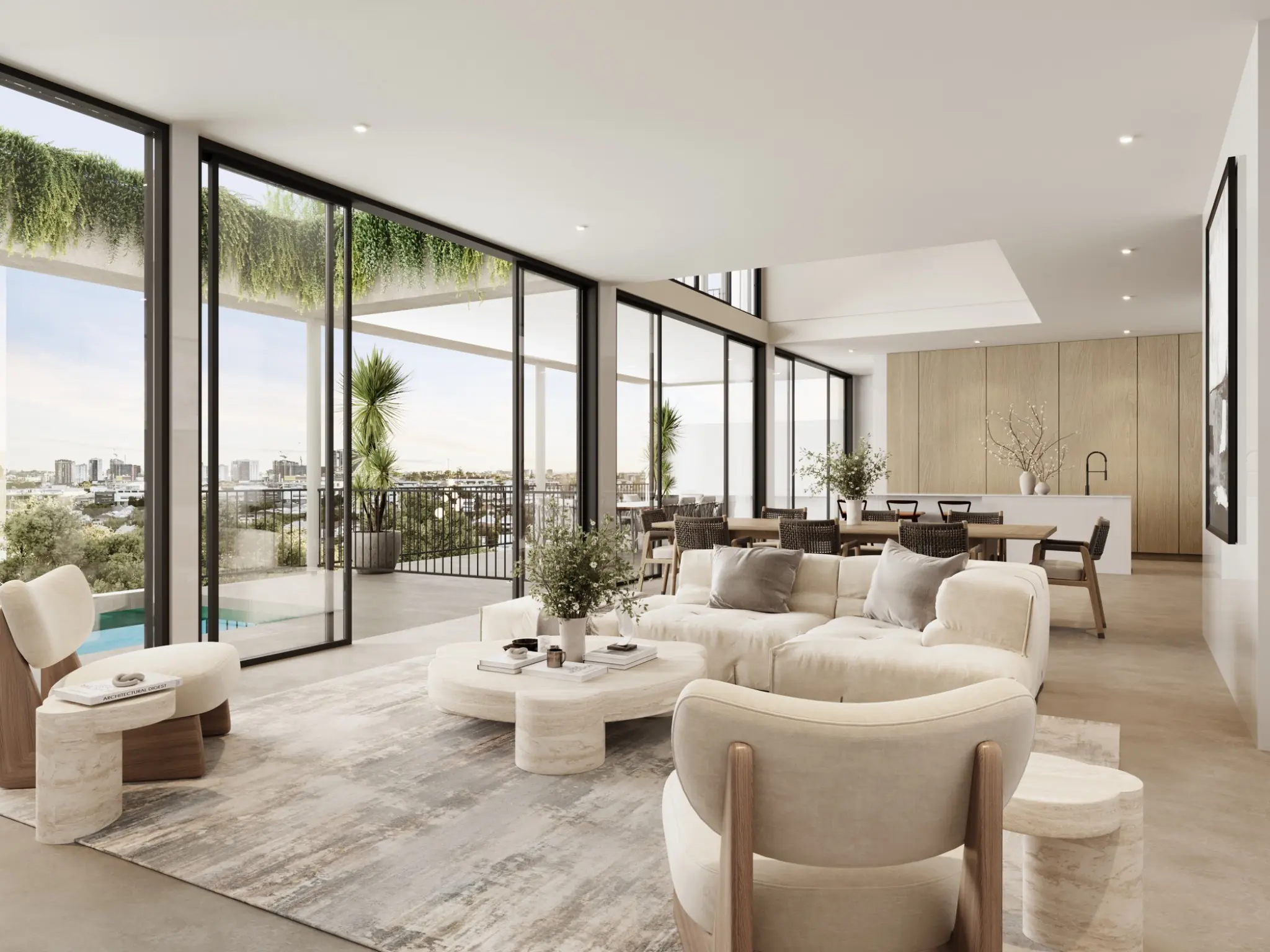High-end architectural interior visualisation for Charteris Street, Paddington, featuring a refined neutral living room, open-plan dining and kitchen spaces, full-height glazing, terrace and elevated city outlook. Photorealistic 3D render of a luxury open-plan living, dining and kitchen interior on Charteris Street, Paddington, with full-height glazing and city views