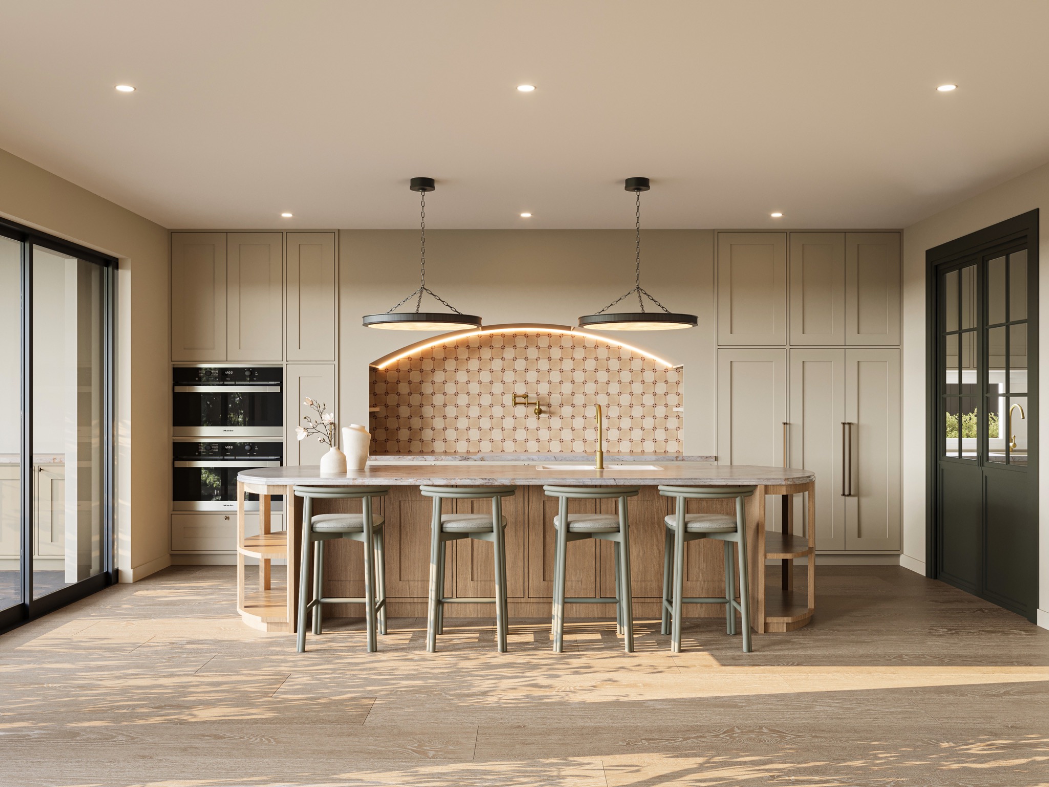 High-resolution kitchen interior visualisation featuring a curved fluted-timber island, pale stone benchtop, detailed cabinetry, patterned splashback and warm architectural lighting. Photorealistic 3D render of a warm contemporary kitchen with a curved timber island, feature tile splashback and pendant lighting at Penguins Head