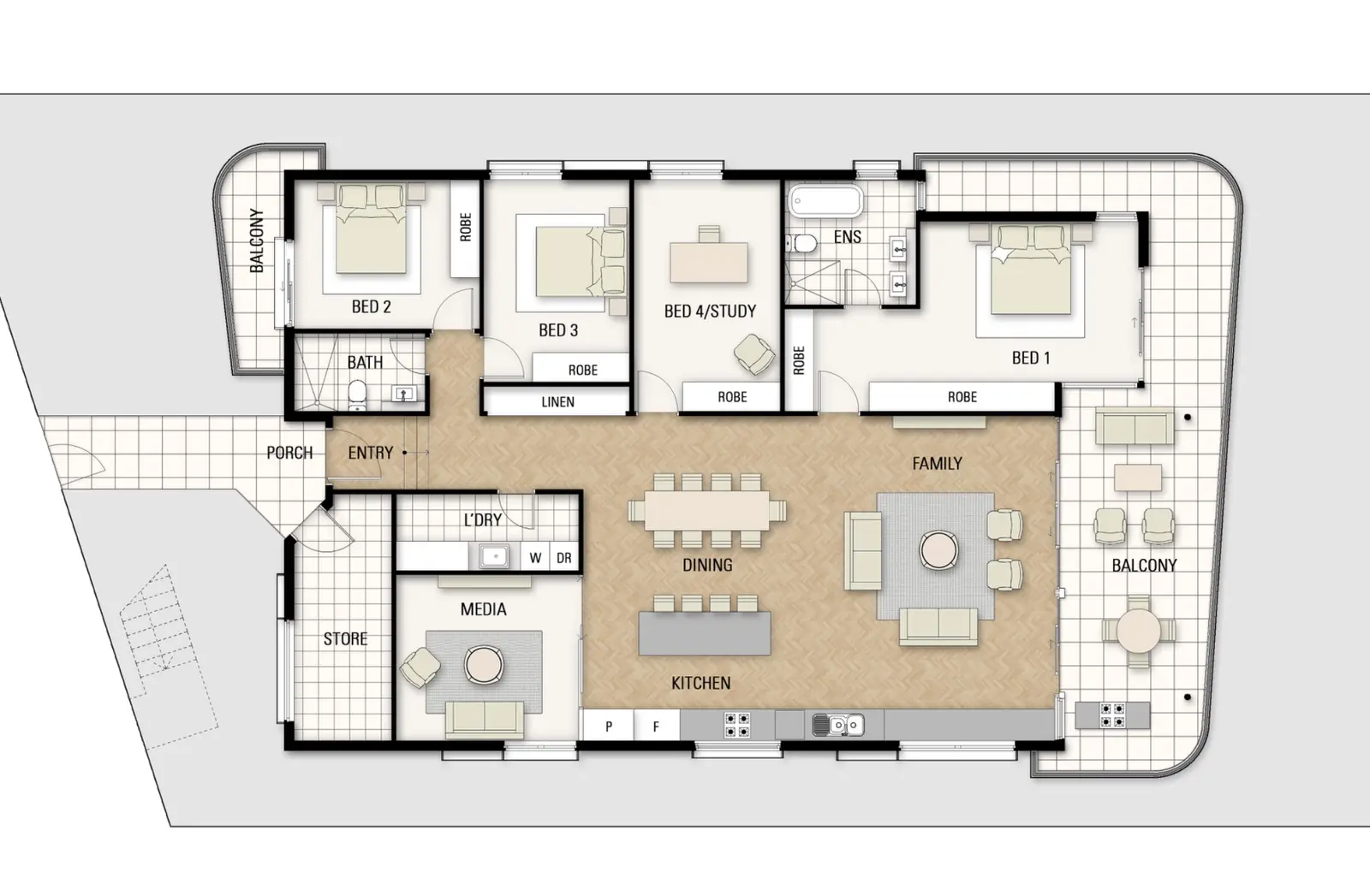 Residential marketing plan for the Platino home, using colour, furniture and material detail to make the four-bedroom layout, open-plan living spaces, media room and outdoor areas immediately understandable. Wide coloured furnished floor plan of the Platino single-storey home with four bedrooms, media room, open-plan family living, kitchen and balcony