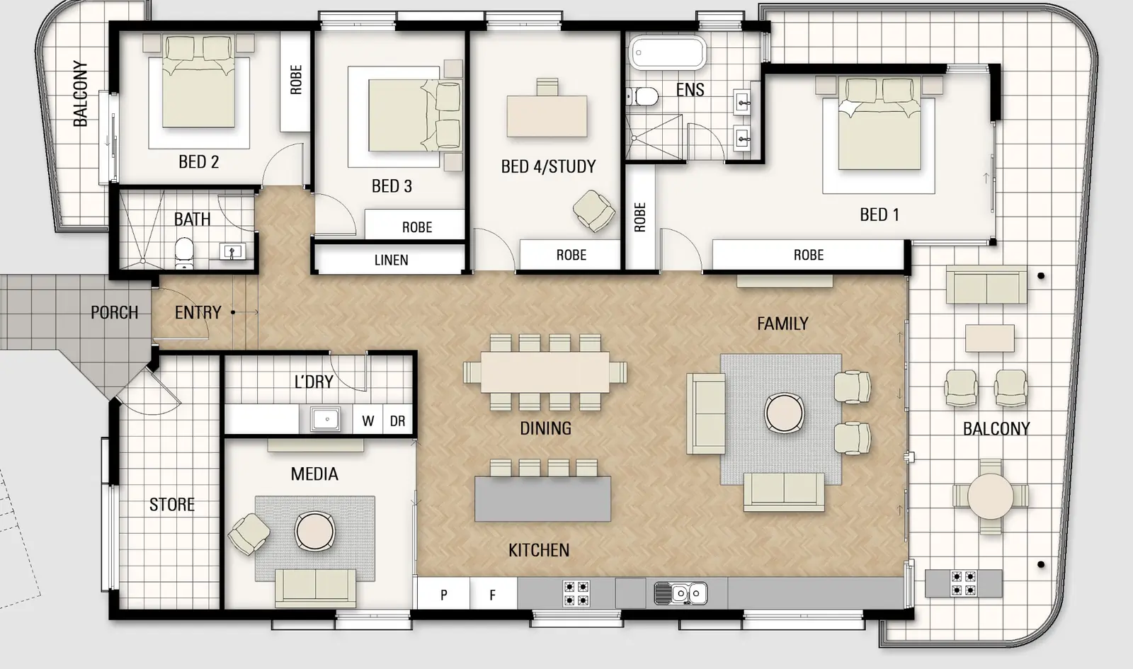 Furnished 2D marketing floor plan for the Platino residence, clearly presenting four bedrooms, bathrooms, media room, open-plan living, kitchen and dining spaces, balconies and circulation. Coloured furnished marketing floor plan for the Platino single-storey residence with four bedrooms, media room, open-plan kitchen, dining and family areas