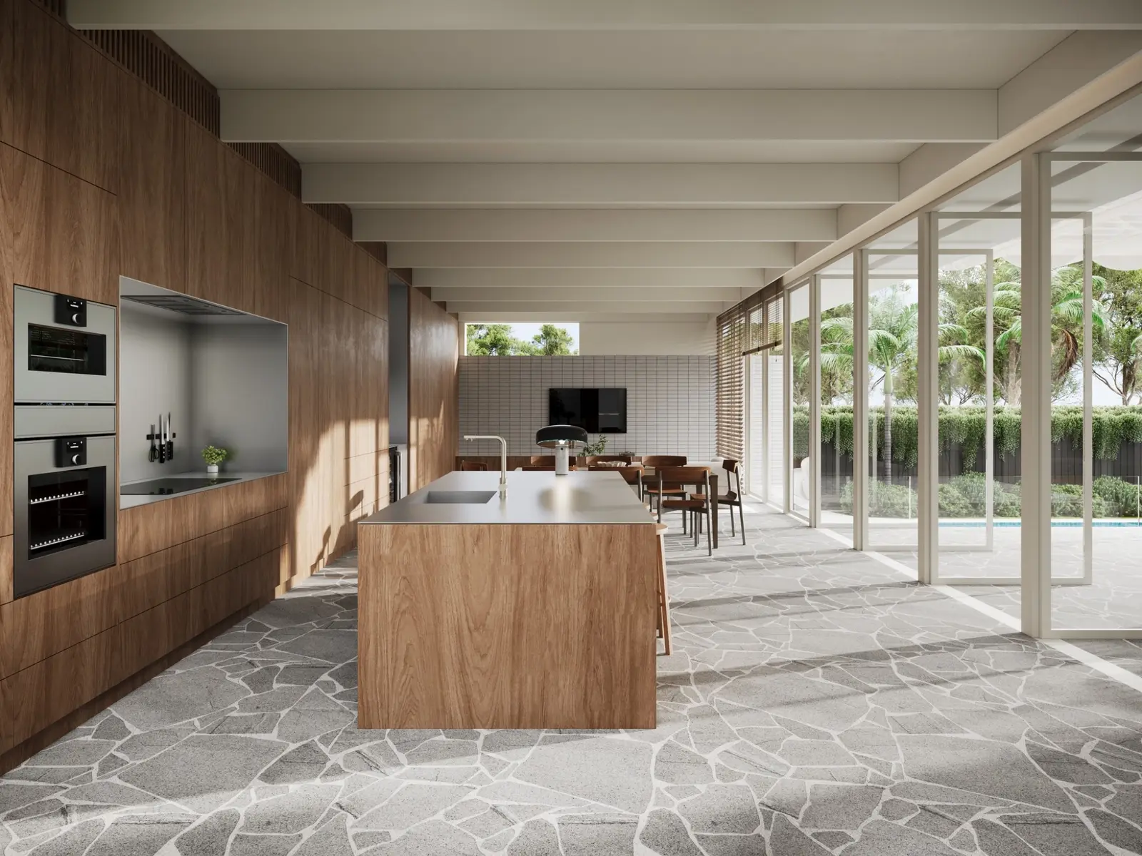 Photorealistic open-plan kitchen, living and dining interior 3D render