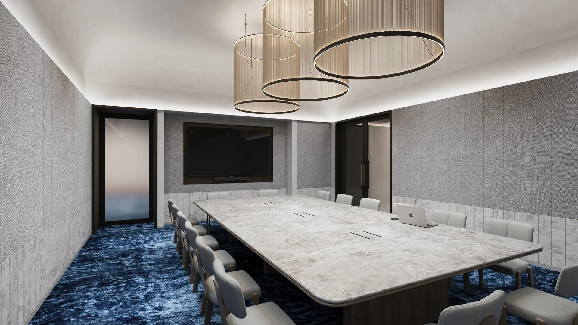 Boardroom interior visualisation for RACV City Club, featuring a generous stone conference table, integrated presentation screen, acoustic wall finishes and statement pendant lighting. Photorealistic wide-angle 3D render of the RACV City Club boardroom in Melbourne with a large stone meeting table, acoustic wall panels and sculptural pendant lighting