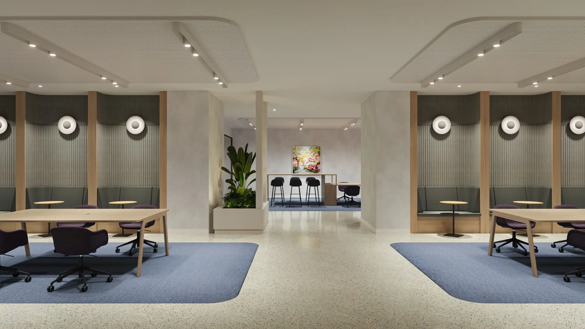 Workplace interior visualisation for RACV City Club, presenting an open collaborative office with shared tables, acoustic booth seating, integrated planting and layered architectural lighting. Photorealistic wide-angle 3D render of the RACV City Club office fit-out in Melbourne with collaborative worktables, acoustic booths and integrated planting
